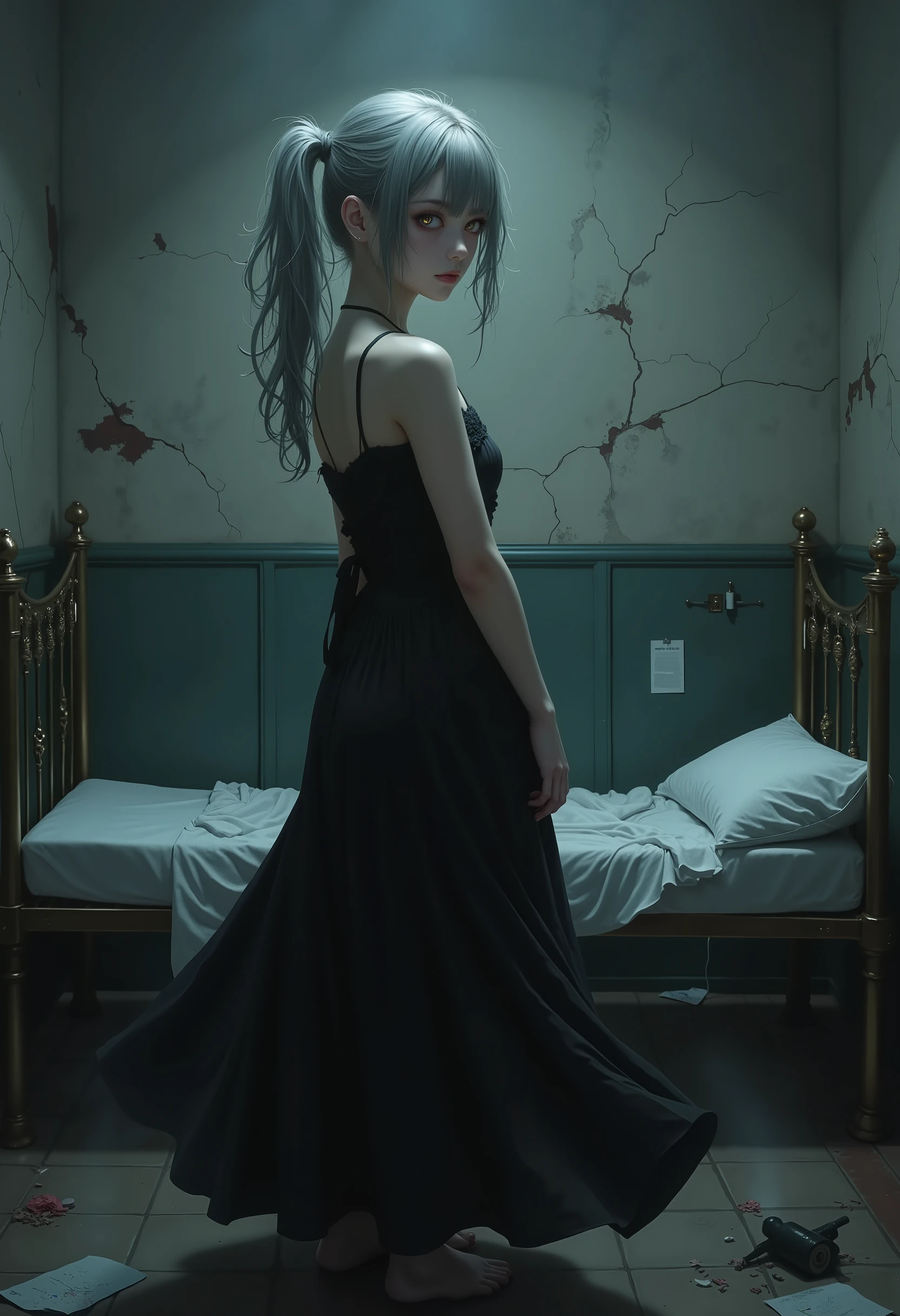 masterpiece, best quality, 8k, highres, ultra-detailed, HDR, UHD, ultra-fine painting,naked girl,fullbody,silver hair,side pony tail hair,girl close up,dark gothic, glowing dark eyes, black dress flowing,faint mist surrounding her, ominous and unsettling, abandoned hospital, cracked walls and floor, broken bed, debris scattered on the ground, dim lighting, eerie atmosphere,  soft light casting shadows, dark and mysterious mood, horror theme, supernatural presence