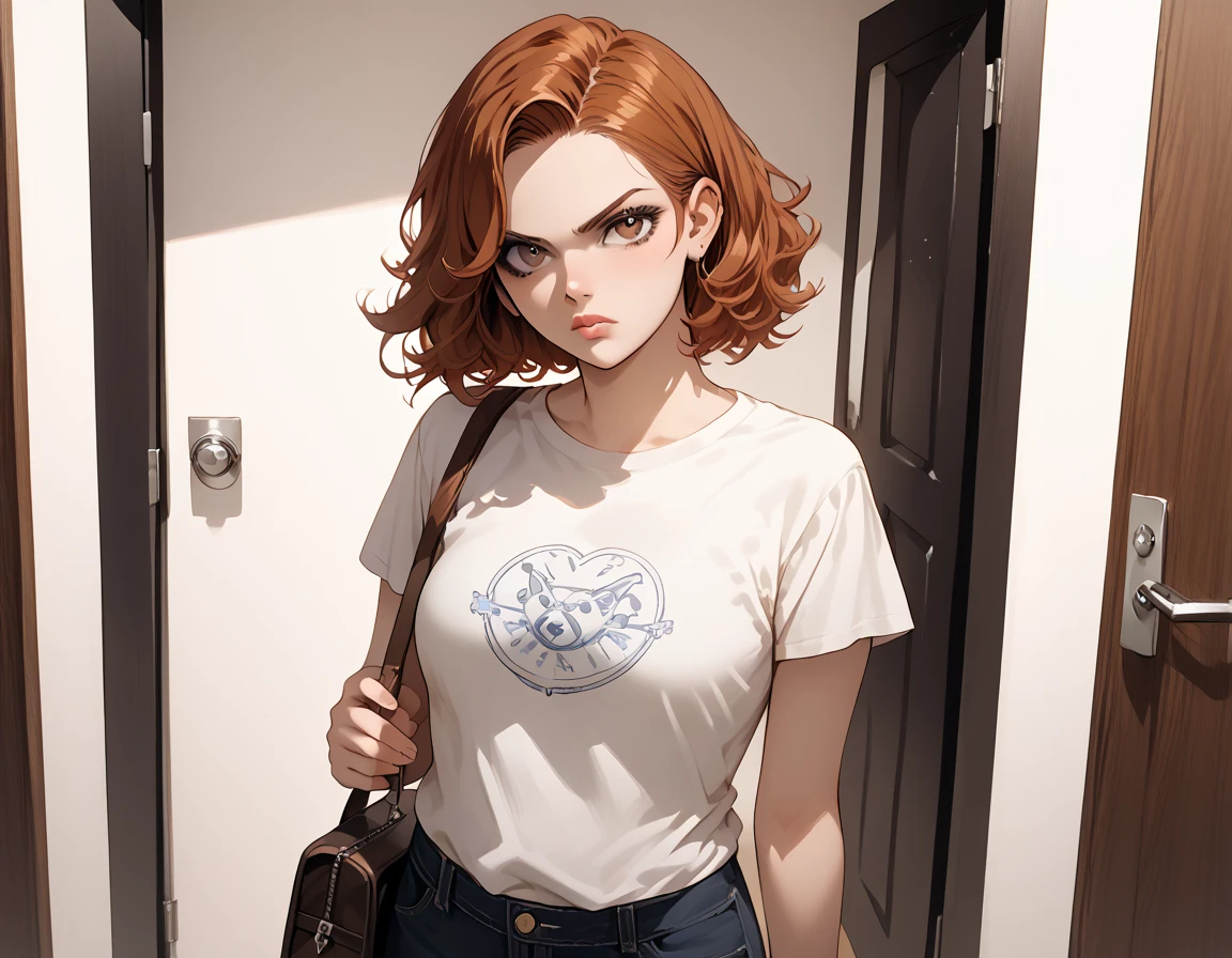 {{score_9, score_8_up, score_7_up, source_anime, rating_safe}} soft shading, 1girl, auburn hair, straight hair, lips, brown eyes, t-shirt, denin pants, annoyed, carrying a bag, standing at a a front door, looking at the viewer.