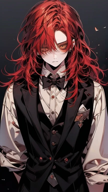 "Generate a man with neat, long tied sharp red hair, striking purple eyes, he wears fancy black clothes and black 1 eyepatch, he smokes fancy cigarettes."
