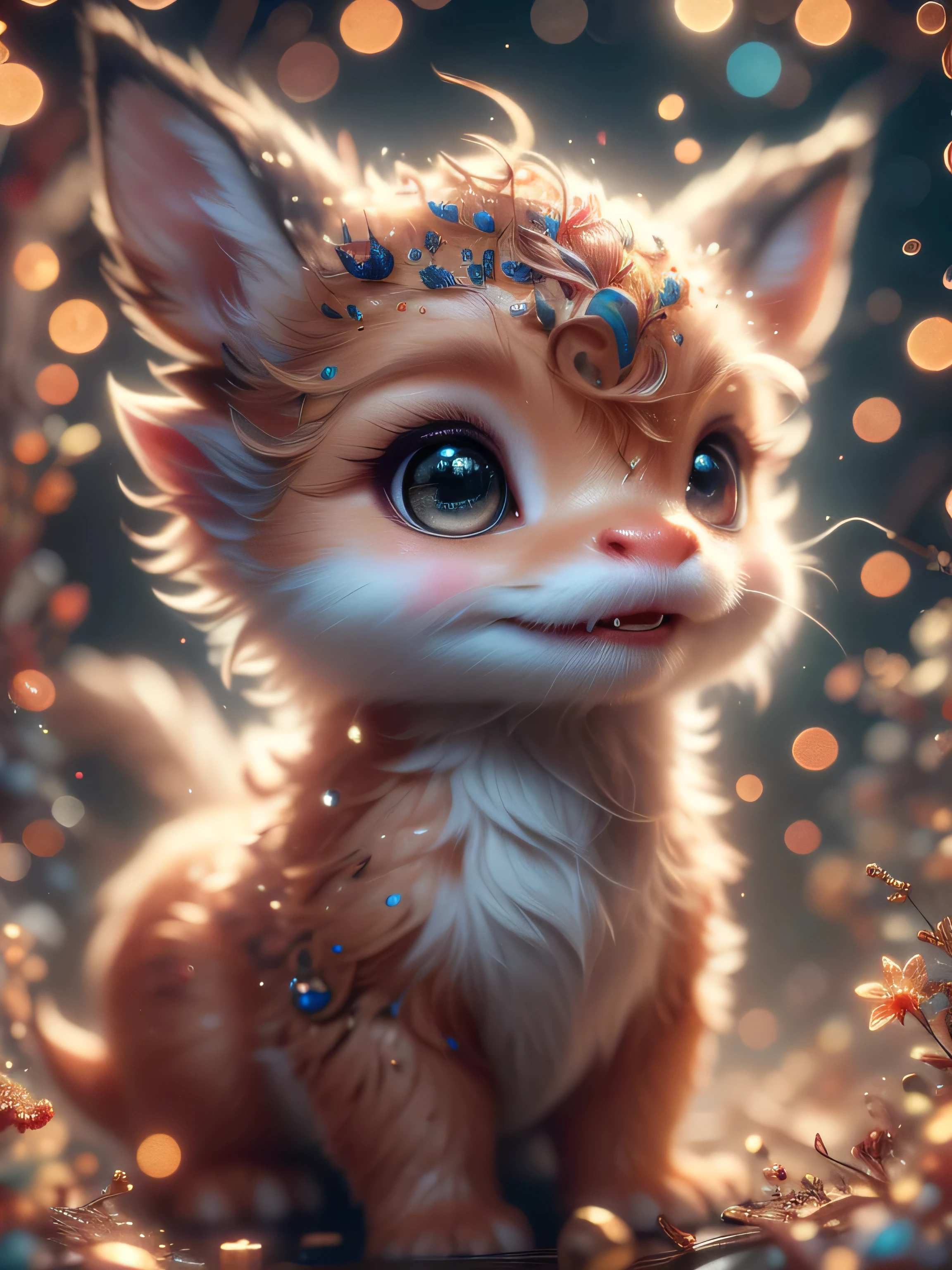 Magical Fantasy Creature, (Best Quality, Masterpiece, Representative Work, Official Art, Professional, Super Detailed, 8k:1.3), (Photorealism:1.2) Super Cute, Big Eyes, Soft, Soft Nose, Fluffy, Double-Toothed Smile, Aurorastyle, Highly detailed Dynamic shot of majestic adorable  reindeer, high quality, beautiful masterpiece, fantasy creature, kawaii, digital art, glowing sparkles, Realistic, Beautiful, Stars in Eyes, Soft Volumetric Light, (Backlight:1.3), (Cinematic:1.2), Intricate Details, (ArtStation:1.3), --auto --s2