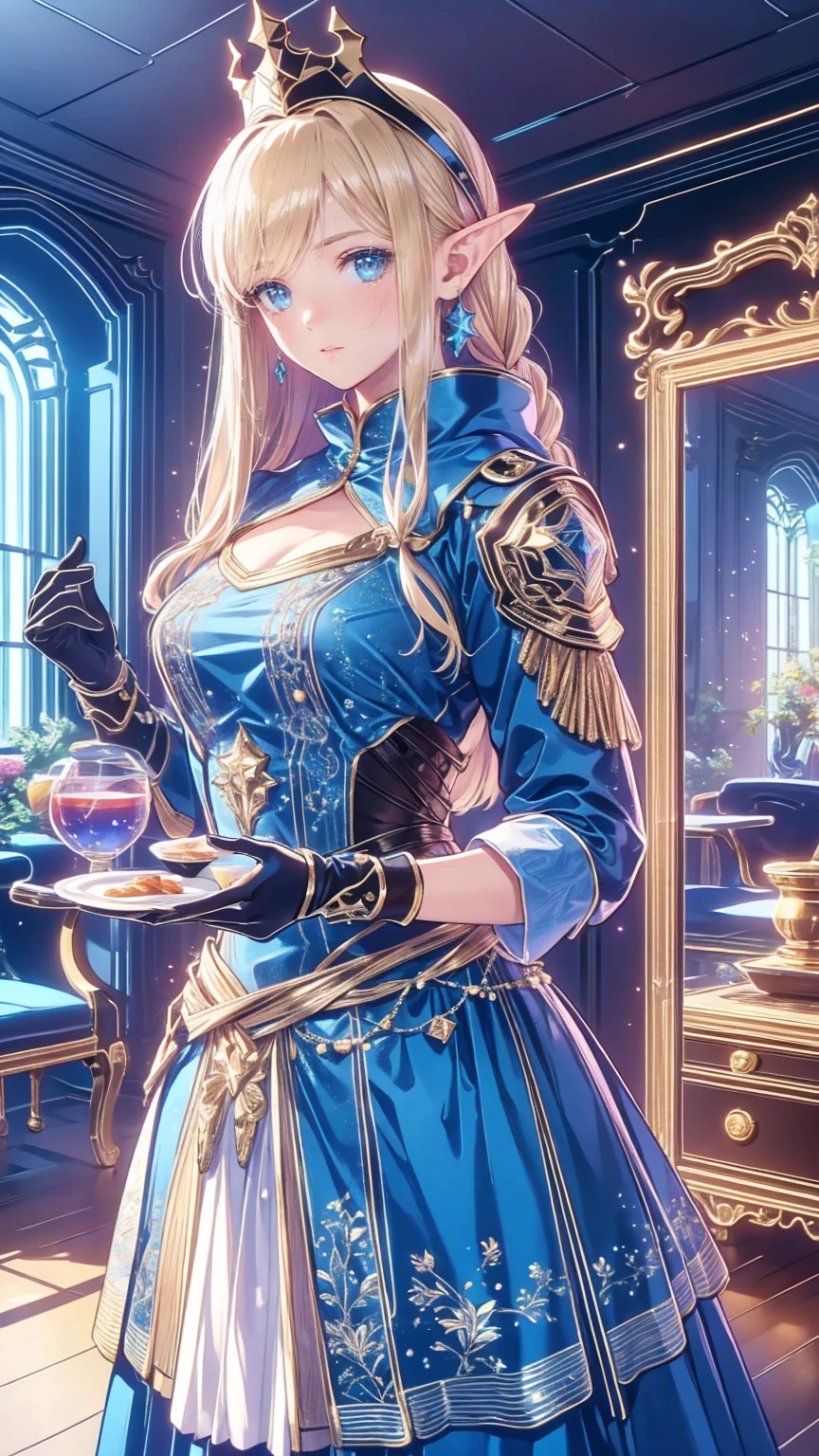  1 girl,  video game character ,  high definition,  beautiful face,  Elegant Dress ,  long blond hair ,  blue eyes,  Detailed Jewels ,  crowns,  Fantasy Medieval Stage , In the city, Splendid architecture,  sunlight shining through a window , Magical Energy Aura  , Dramatic lighting,  Cinematic Composition, Mysterious, Breathtaking,  masterpieces during breakfast 、(( top quality)),(超 high definition ),( very detailed),( detailed description ),(( best CG )),(  masterpieces during breakfast ), Ultra Detailed Art 、( top quality、8k、32K、  masterpieces during breakfast )、( realistic )、( realistic :1.2)、( high definition )、 very detailed、 very pretty face and eyes 、 1 Woman 、 Thin Waist、Delicate body、( top quality、 attention to detail in order to breathe、 rich skin texture )、( top quality、8k、Oil paints:1.2)、 very detailed、( realistic 、 realistic :1.37)、 bright color、 elf woman 、 has a history of 150 years but looks 18 years old 、Cool Look、((Blonde long hair、 hair tied at the back ))、(Big jade green eyes、 slit eye 、 holding a star )、: 165cm、Variable body shape、Green and brown lightweight leather armor、hooded cloak、 has a longbow and quiver on his back、 Fantasy Worldview 、 Precision Description 、 Photorealistic、4k Texture
