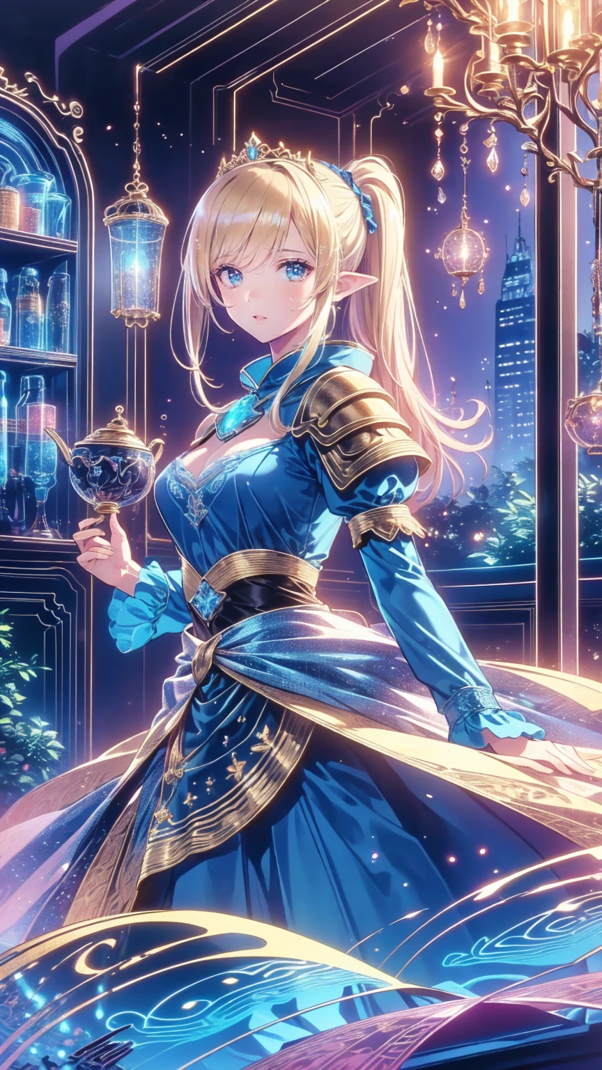  1 girl,  video game character ,  high definition,  beautiful face,  Elegant Dress ,  long blond hair ,  blue eyes,  Detailed Jewels ,  crowns,  Fantasy Medieval Stage , In the city, Splendid architecture,  sunlight shining through a window , Magical Energy Aura  , Dramatic lighting,  Cinematic Composition, Mysterious, Breathtaking,  masterpieces during breakfast 、(( top quality)),(超 high definition ),( very detailed),( detailed description ),(( best CG )),(  masterpieces during breakfast ), Ultra Detailed Art 、( top quality、8k、32K、  masterpieces during breakfast )、( realistic )、( realistic :1.2)、( high definition )、 very detailed、 very pretty face and eyes 、 1 Woman 、 Thin Waist、Delicate body、( top quality、 attention to detail in order to breathe、 rich skin texture )、( top quality、8k、Oil paints:1.2)、 very detailed、( realistic 、 realistic :1.37)、 bright color、 elf woman 、 has a history of 150 years but looks 18 years old 、Cool Look、((Blonde long hair、 hair tied at the back ))、(Big jade green eyes、 slit eye 、 holding a star )、: 165cm、Variable body shape、Green and brown lightweight leather armor、hooded cloak、 has a longbow and quiver on his back、 Fantasy Worldview 、 Precision Description 、 Photorealistic、4k Texture
