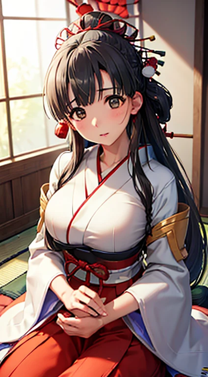 (Woman with a Japanese longbow:1.4)、 one girl ,long hair with black bangs、 braid hair、Bedhead、light brown eyes、( extraordinary beauty)、( Dignified Expression Full of Determination )、( Similarly :1.4)、([ huge breasts:1.4)、、( Photorealistic)、( intricate details:1.2)、(​masterpiece、:1.3)、( top quality:1.4)、( Ultra A High Resolution:1.2)、 Ultra A High Resolution、( detailed eyes on board)、( Detailed Facial Features )