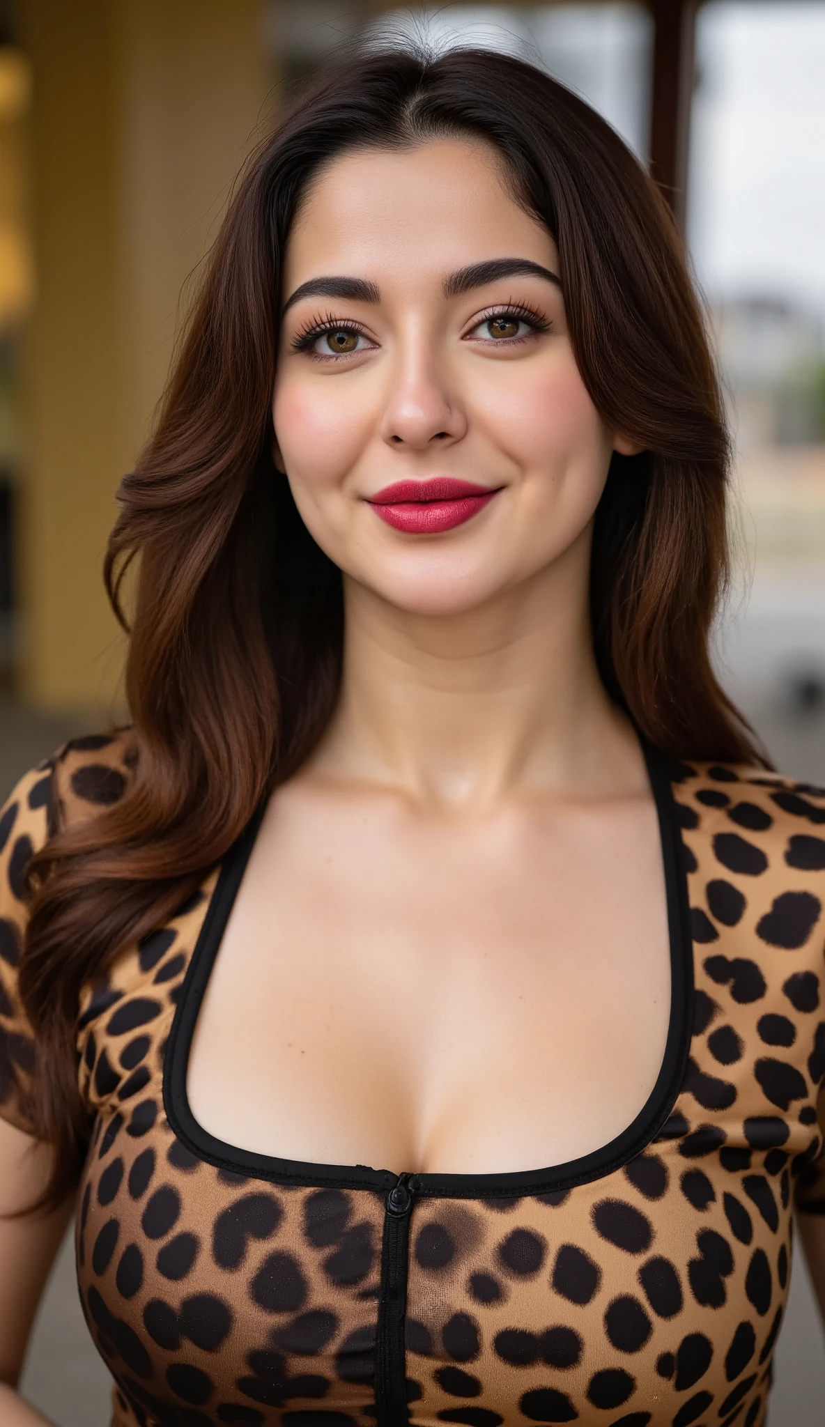 1 girl, alone, solo, busty Pakistani (Hania Amir),(big breasts), Hyperrealism, (smiling with dimples), with intricate details of the iris and lashes,. Her honey-colored eyes contrast with her face, which is accentuated by the red lipstick applied to her slightly parted lips. The overall artwork exudes an air of mystery and charm.detailed and brilliant golden eye with surprising results, in local market, hourly glass figure, crowded bazaar, (Pakistani cheetah print shiny satin plain bridal wear:1.3) tight traditional cheetah wedding silk dress, natural breasts, (skin hugging Pakistani shiny cheetah bridal top), milky skin, (round deep neck dress), pale skin, (plain shirt:1.4), soft shadows ,(dimples:1.3) SkinDetail ,snap by greg rutkowski, ()