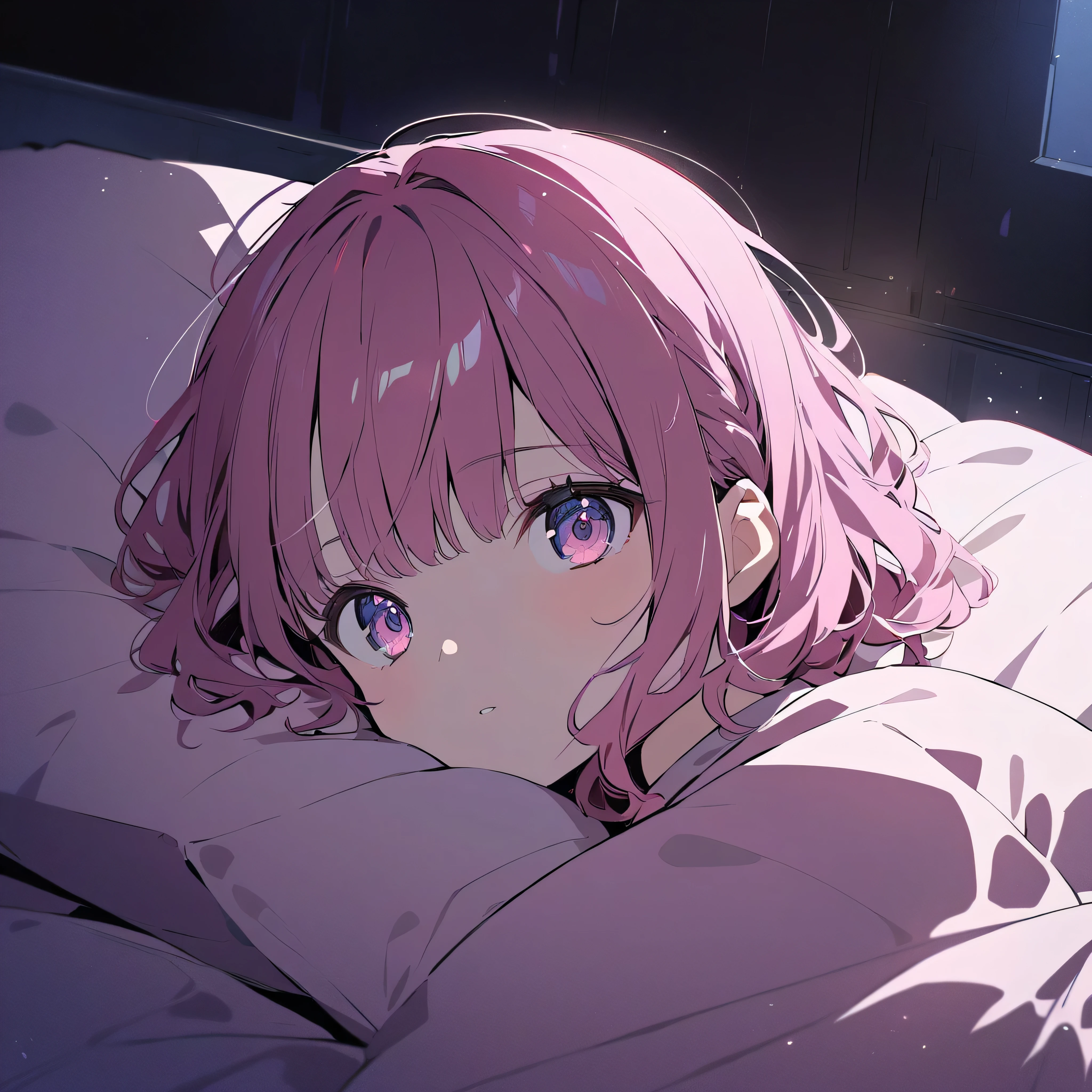 anime girl laying on a bed with a bunch of stuffed animals, soft anime illustration, detailed digital anime art, clean detailed anime art, detailed anime art, 8k high quality detailed art, digital anime illustration, detailed anime artwork, anime illustration, top rated on pixiv, digital art on pixiv, beautiful anime artwork, pixiv, marin kitagawa fanart, pink hair, pink eyes, short hair, 1 girl, pajama