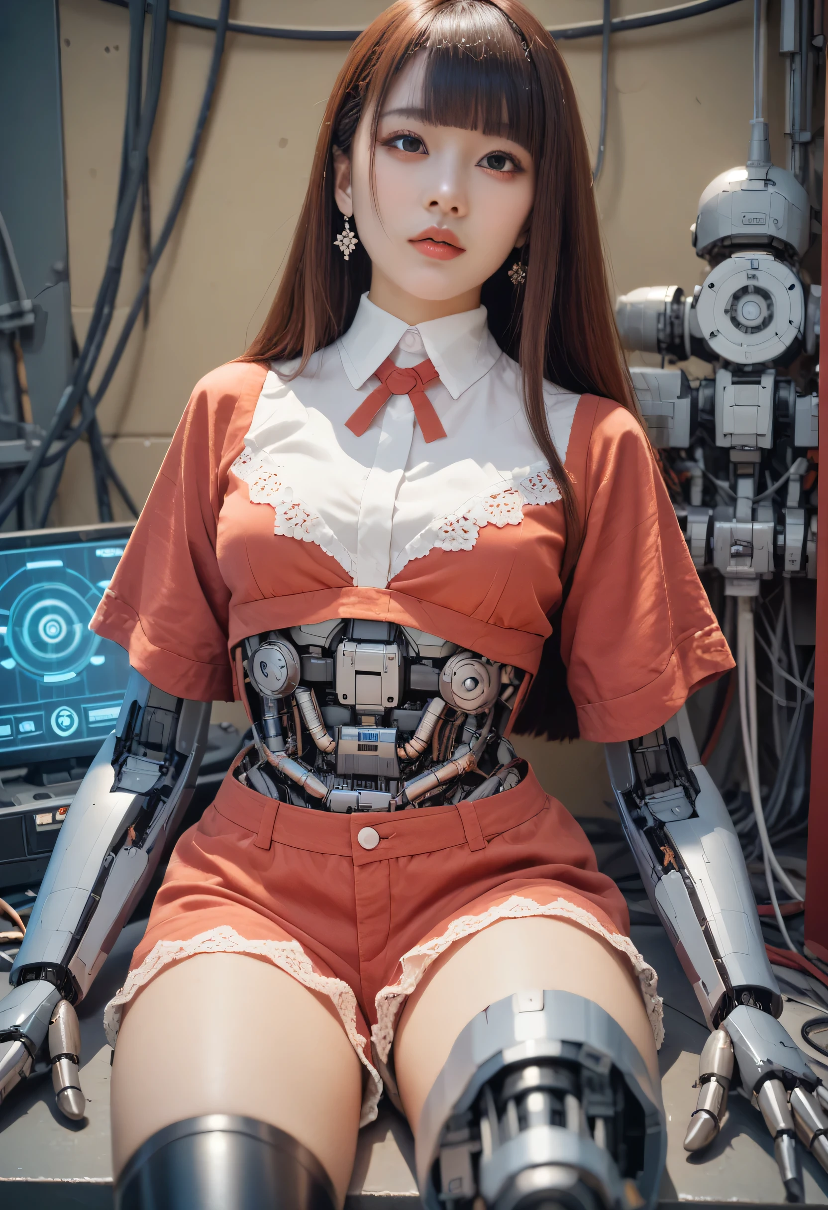 masterpiece, best quality, extremely detailed,front view,japaese android girl,control panels,android,Droid,Mechanical Hand,Robot arms and legs,peplum tops,blouse,Blunt bangs,long tube,thick cable connected her neck,broken legs