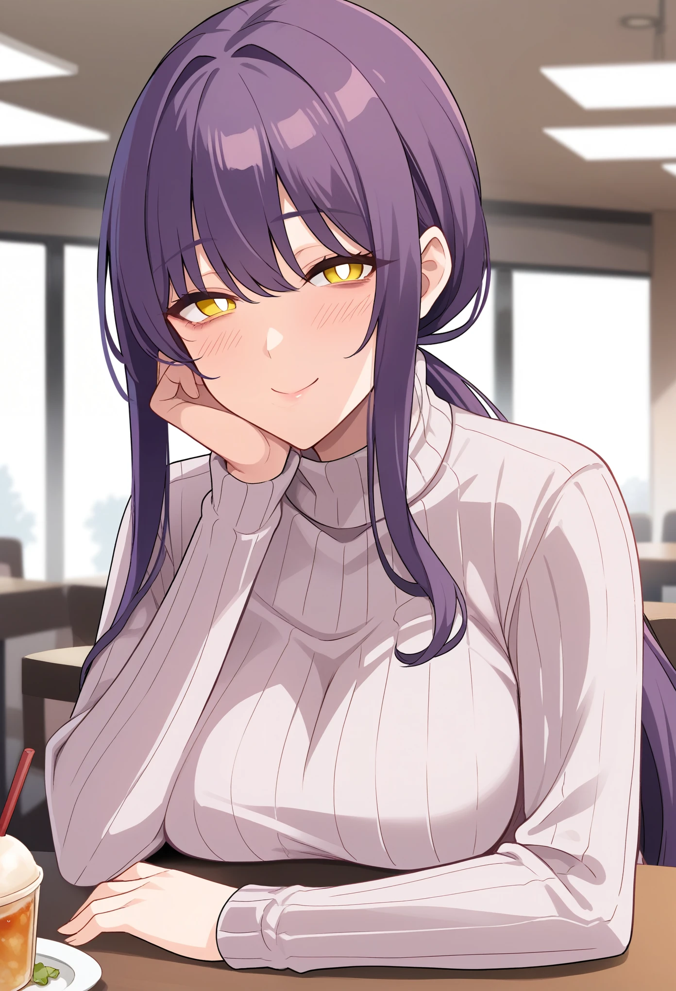 Upper body, Mature female, solo, dark purple hair, long hair, curvy hair, ponytail, bangs, yellow eyes, white pupils, [bags under eyes], light smile, blush, medium breasts, wide hips, turtleneck sweater, ribbed sweater, score_9, looking at viewer, sitting, head rest, indoors, cafeteria, cozy