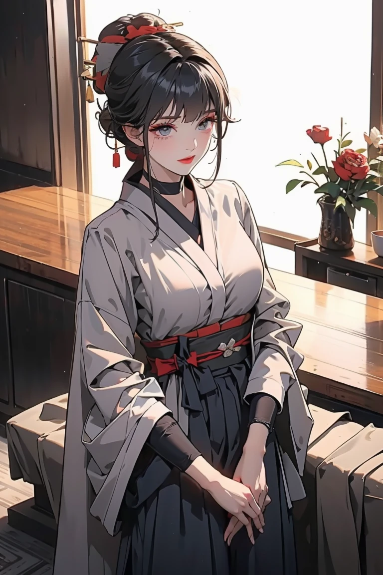 (perfect anatomy:1.2)(absurdres, highres, ultra detailed),masterpiece,best quality,high resolution,8k,Realistic face,Realistic skin texture,magnified textures, stunning clarity,(ultra detailed eyes and face),(1 girl:1.5),15 years old,black hair,messy bun,kanzashi,pale skin, mysterious eyes,Thin fabric, green yukata,thin body type,big breasts,(expressionless:1.2)(bashful:1.1),Steampunk in the meiji Period、Japanese style luxury、night、Lobby of Japanese Onsen Ryokan、hieroglyph,Ancient Egyptian statues,look at viewer,(from front:1.3),Delicate atmosphere、,cowboy shot,walking,