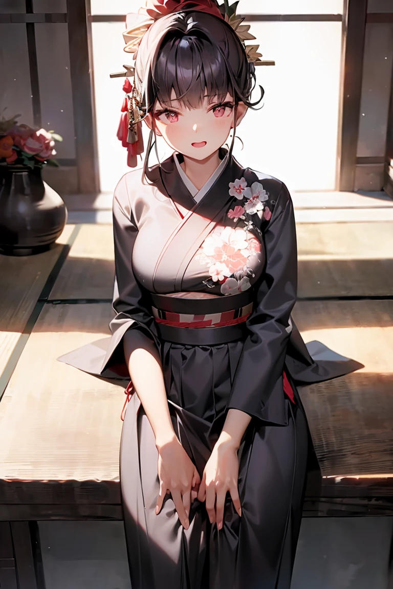 (masterpiece, High resolution, Highest quality), 20-year-old woman, Glamorous posing, Asymmetrical Short Hair, A Japanese-patterned haori over a turtleneck:1.2, Japanese pattern micro mini shorts:1.2, Petal Collage, abstract design, artistic juxtapositions, Geometric pattern, And handle background, warm color, mixed-media approach, Anime Style, Simple lines, Digital Painting, 