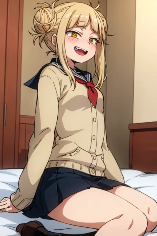 (masutepiece, Best Quality, hight resolution, nffsw, Perfect Pixel, depth of fields, 4K), Beautiful anime girl, Perfect body , ,(cum on body:1.6) , (bukkake:1.6), , himikotoganova,  blonde hair, double bun, messy hair, bangs, (perfect eyes, yellow eyes), serafuku, bags under eyes,, blue skirt, long sleeves, red neckerchief, breasts, , nsfw, {{{{{knees to chest}}}}} ,,{{{{{from directly above}}}}},{{asymmetrical docking}},{{boy's lower body}},{{{{girl's face and nipples and navel}}}},{{navel forcus}},{{{{pov}}}},{{{very close to viewers}}},,{excessive cum, intercourse with a man,full body,,,from front,{cum bussy}, hetero, cum, socks,[dakimakura(medium)],{{girl's liying on back}},faceless male,looking at viewer,{{facing viewer}},hetero,on bed,1girl and 1boy,nsfw,{{single picture}}, girl's hands down, girl's arms behind back, hands out of frame,,,,, (1 boy:1.8),,(hardcore,sex:1.8), (creepy smile:1.6), (blush:1.6)