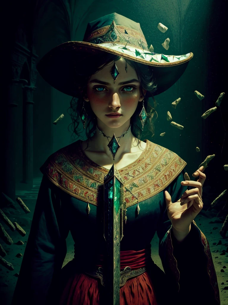  1girl, 8 k, intricate , elegant, Main detail, majestic , digital photography , cowboy shot, surreal painting ,Broken glass ,( masterpiece , side lighting, finely detailed  beautiful  eyes:1.2),HDR,void3energy,  beautiful , 3/ 4 looks towards ,  masterpiece , glowing runesAIV2 _red,  1girl, a wizard, magician. A fiery clot of desks above the palm of the hand.  Turn into 3/4 portrait . white.  bossy look .  green eyes .  medieval simple clothes . Uncovered head. scar on face.