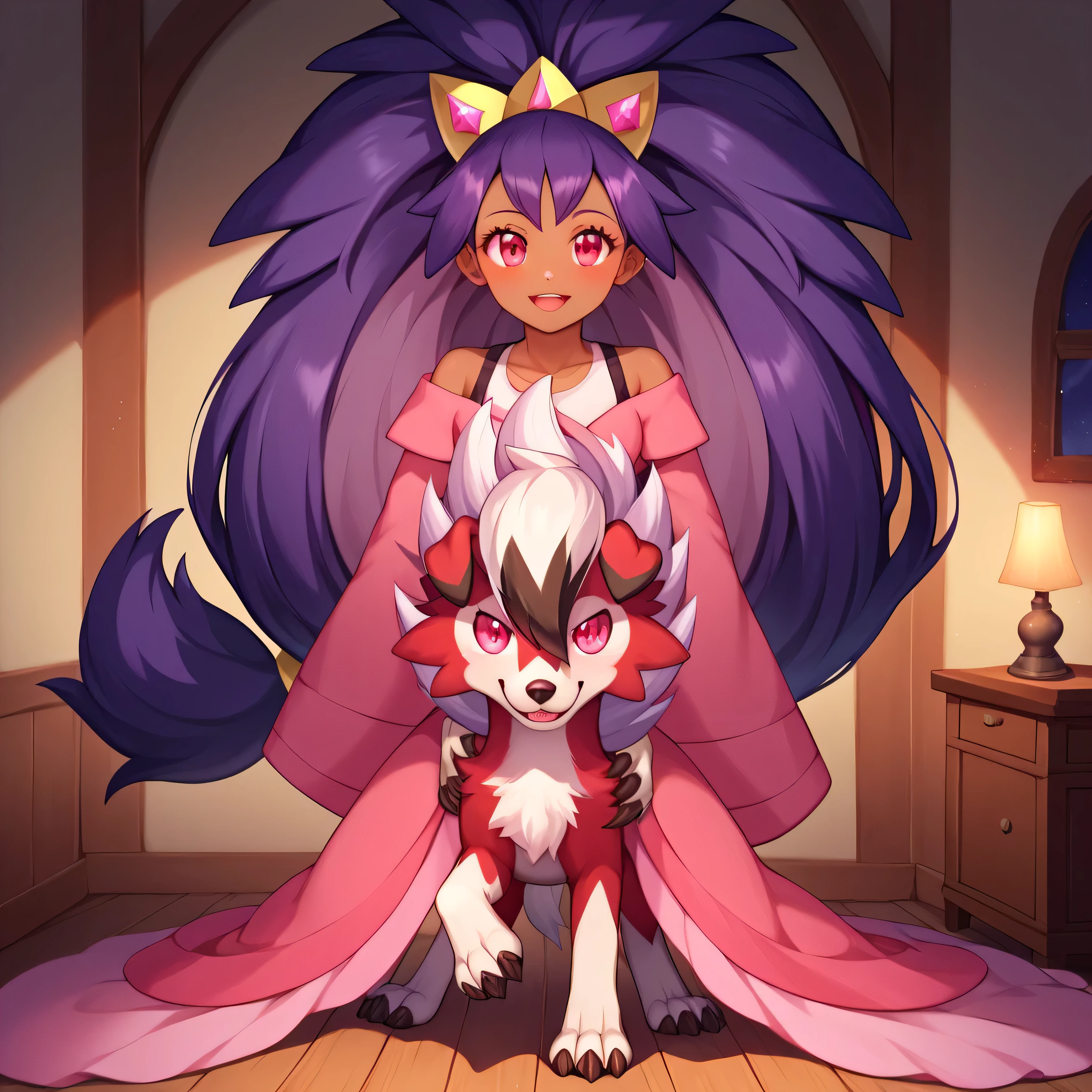 masterpiece:1.2, best quality, (highly detailed), score_9, score_8_up, score_7_up, full body shot, feral, Midnight Lycanroc_(Pokemon), Midnight Lycanroc, Dark Red Fur, Two Tone Fur, iris \(pokemon\), purple hair, long hair, red eyes, dark skin, big hair,, in front of house, 1boy, 1girl, couple,