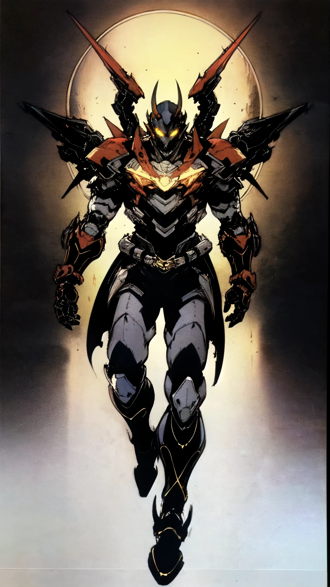 (masterpiece:1.5, best quality:1.5, extremely delicate:1.5), ((male:1.5)), a man wearing a full-face helmet, high-tech biomimetic armored combat suit, (a composite layered chest armor), the design balances heavy with agility, fully enclosed shoulder guards, matching arm and leg guards, a belt of gemstone, (the color scheme is primarily Red with Purple and Yellow accents, Organic Biotech, Concept Inspired by Vampire, glowing eyes, armor glows, huge cloak like devil wings, blood), stand of a futuristic sci-fi city, this character embodies a finely crafted fantasy-style armored hero in anime style, exquisite and mature art style, metallic, high definition, highres, ultra-detailed, ultra-fine painting, professional, perfect body proportions, golden ratio, anatomically correct, symmetrical face, extremely detailed eyes and face, high quality eyes, creativity, RAW photo, UHD, 32k, Natural light, cinematic lighting, (masterpiece-anatomy-perfect:1.2)