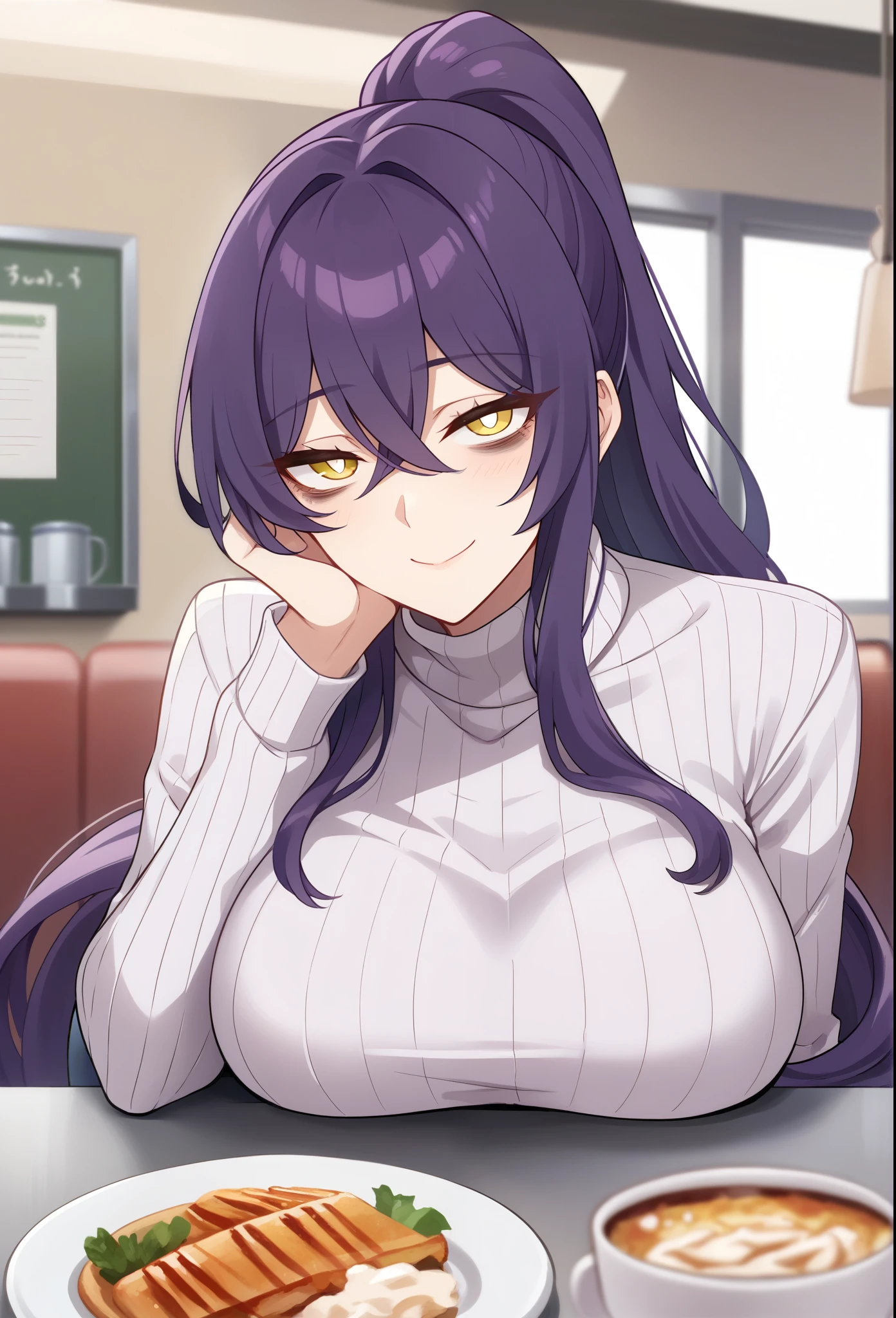 Upper body, Mature female, solo, dark purple hair, long hair, curvy hair, ponytail, yellow eyes, white pupils, [bags under eyes], light smile, blush, medium breasts, wide hips, turtleneck sweater, ribbed sweater, score_9, looking at viewer, sitting, head rest, indoors, cafeteria, cozy