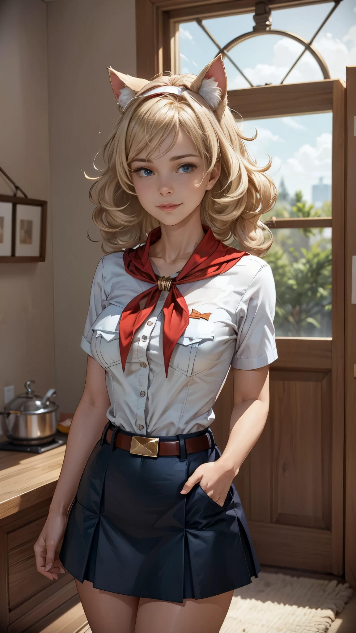 very young slim fit girl, full height, rounded face, (long curly disheveled blond hair:1.4), big blue eyes, shy smile, perfect medium breast, band on head with fake cat ears, monroe, pioneer neckerchief, short tight blue pleated skirt, bangs, tight white shirt, short sleeves, collared shirt, belt, (red neckerchief:1.3), breast pocket, solo, shy smile, Standing at attention, dynamic pose, clear light skin, 8k wallpaper, perfect lighting, masterpiece, lens flare, vibrant color