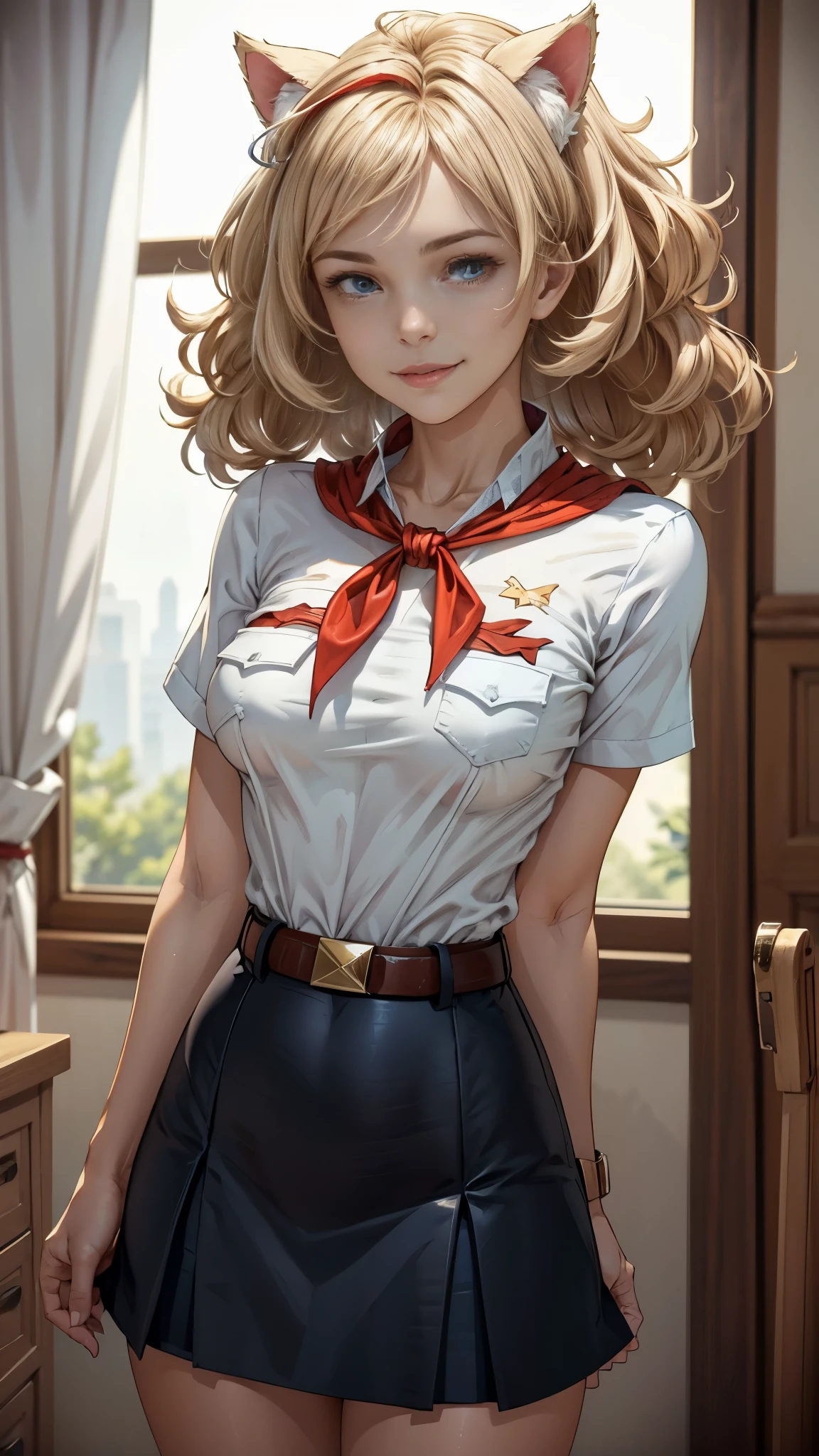 very young slim fit girl, full height, rounded face, (long curly disheveled blond hair:1.4), big blue eyes, shy smile, perfect medium breast, band on head with fake cat ears, monroe, pioneer neckerchief, short tight blue pleated skirt, bangs, tight white shirt, short sleeves, collared shirt, belt, (red neckerchief:1.3), breast pocket, solo, shy smile, Standing at attention, dynamic pose, clear light skin, 8k wallpaper, perfect lighting, masterpiece, lens flare, vibrant color