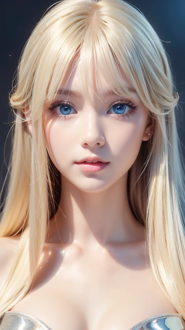 high quality、最high quality、Photorealistic、Raw photo、Real、超Real8K CG、Super detailed、High resolution、masterpiece、1 Girl、Super long hair、Light blonde hair、Bright Blue Eyes、Detailed face and eyes、Close-up、Intricate details、Detailed Texture、details、details、A perfectly beautiful face、Messy silky beautiful light blonde hair、Beautiful cute girl 、Very beautiful beautiful bright pale sky blue big eyes、Very super long beautiful blonde silky shiny hair、Long beautiful bangs、Very big eyes、Small Face Beauty、eyeliner、very white shiny skin、Gloss Face、Cheek gloss、Hair above the eyes、片Hair above the eyes、Hair between the eyes、