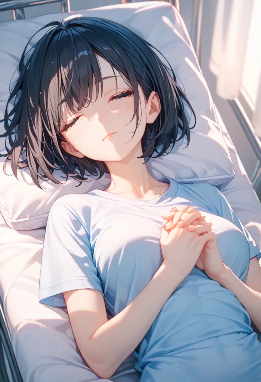 ((Eyes closed:1.3)), 1girl, 34 years old, (Hands clasped over chest), Hospital room, (lying on the bed), Mouth closed, short hair, bob cut, black hair, black eyes, sexy body, medium breasts, Slender, One-piece shirt,