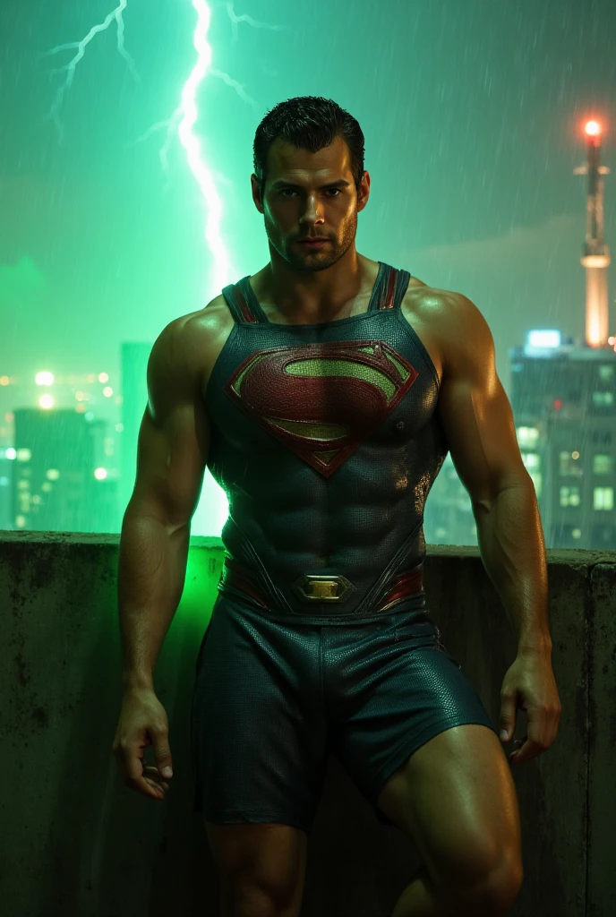 (masterpiece:1.2, Exceptional Quality, Mirror-like, Cinematic Experience, Best illustrations:2.0), Ultra-high resolution, Very detailed, 8k, wallpaper, (Super sexy man:0.5), (Super muscular:2.0), (h3nr4, Henry Cavill:2.0), (pain expresion:2.0), (Muscular Chest:2.0), (Elegant body:2.0), (Beautiful Eyes, Shining eyes, Detailed face, small beard, Beautiful skin texture:1.3, undercut haircut:1.3), (Beautiful male hands:2.0), (Fine hand:2.0), (green gas emanating from his body.:2.0), (leaning against a wall, with his mouth slightly open and his eyes closed:2.0), (Wearing a wet Superman suit:2.0), (on city rooftop, In the background an intense rain and electrical storm.:2.0), (Super sexy:2.0), (Very muscular thighs:2.0), (Super functional:2.0), (Cyberpunk:2.0), (SF:2.0), (Visual Effects:2.0), (full body shot:2.0), (dynamic:2.0), (Upset:2.0)