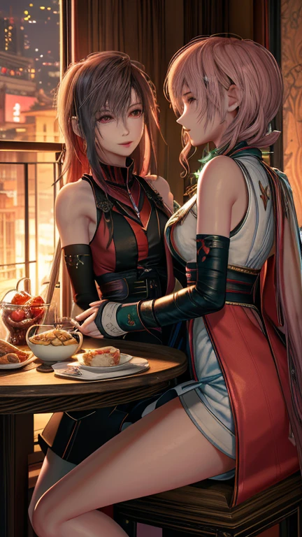 Animated scene of two women sitting on a bench in front of a building, Gwaiz, artwork in the style of Gwaiz, WLOP and Sakimi-chan, Gwaiz on pixiv artstation, Gwaiz on artstation pixiv, Gwaiz masterpiece, by Shimo, 2. 5 d cgi アニメ ファンタジー アートワークA 17-year-old Japanese girl with vibrant hair colors, long hair, daring hair styling, slender figure, plump cheeks. She embodies the punk rock aesthetic, dressed like a punk rocker with bold attire, large sunglasses, a defiant expression. She stands at 170 centimeters tall, weighs 30 kilograms, wears long boots, with her thighs visible under a red pleated skirt. Adorned with numerous silver accessories. Depict with distinct outlines, using colors other than black for the outlines, using colorful hues for the outlines. She's into girls' rock, punk, Electric guitar, vibrant colors, stages, and backed by a band. An underground clubhouse with colorful lighting amidst the darkness. Colorful candies resembling mountains of treats are plentiful, strewn all around. A tall, well-built man with blonde hair is present, adorned with tattoos, a nose piercing, and a split tongue.