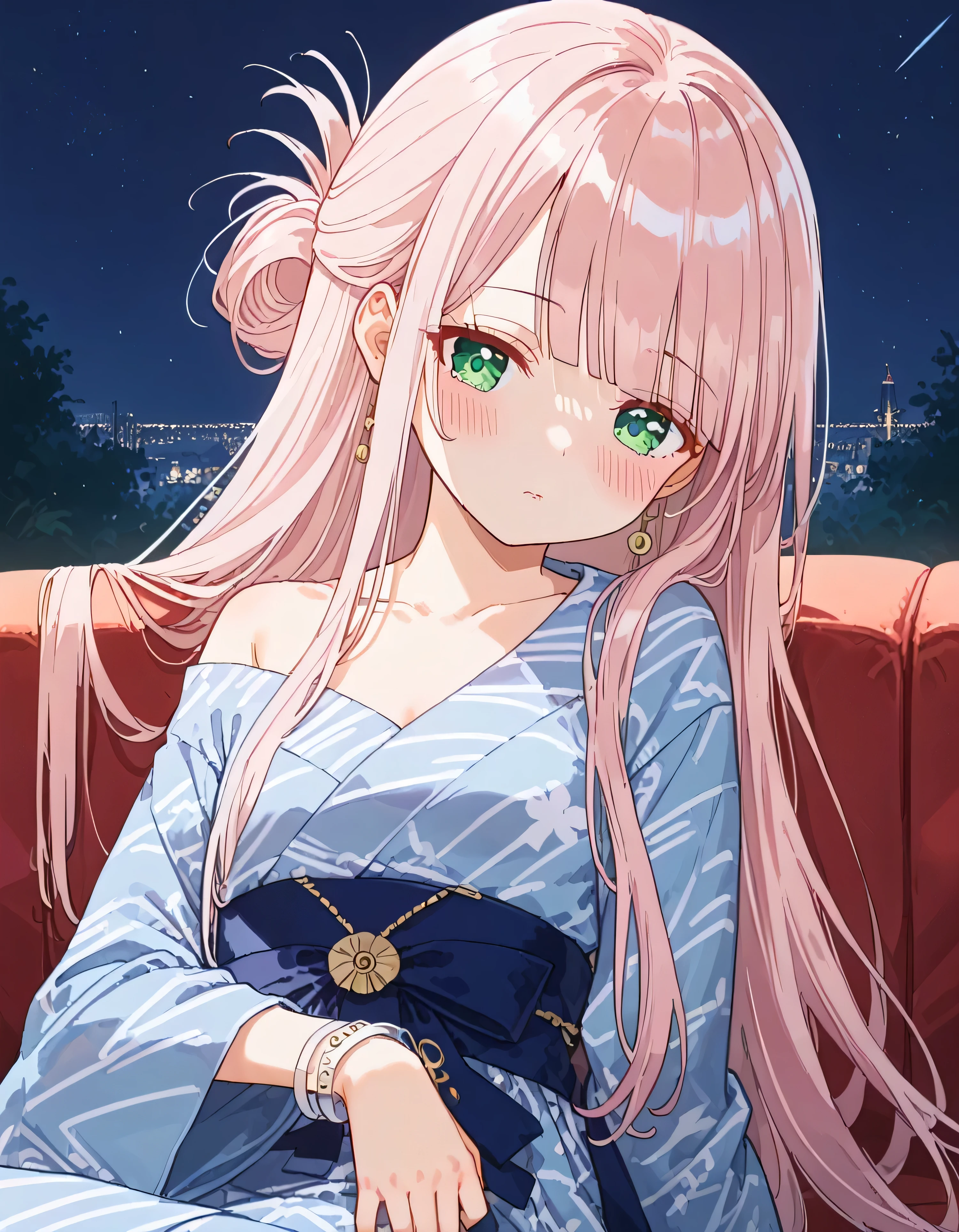 luzao\(EOE\),one girl,solo,best quality, masterpiece, ,,break,1girl,(sofa,upper body shot,blur background),,break, super detailed skin,very high resolution, very aesthetic, by famous artist, 8k, 16k,,beauty illustration,photoshop_(small),,(night,weak Lighting),best wallpaper,(green eyes,hair cover one eye),(light_pink hair|Detailed hair|blunt bangs|shiny hair|sidelocks|folded ponytail),(one off shoulder,white and blue yukata,long sleeves,straps),(blush),white bracelet,unaestheticXL_bp5, (negative_v2 Color_Balance_Calibration:0.8), aidxlv05_neg