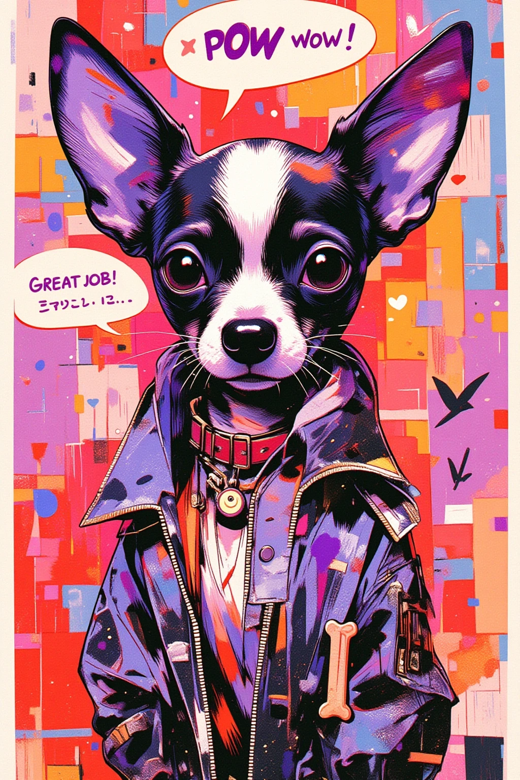   A chihuahua with an adorable face says 「Pow wow 」,black,white, purple ,red, surreal collage,a contemporary artistic collage,collage artwork,  the jacket on the new album  ,  Great Job  !! ,digital collage、(collage ),collage art,contemporary collage,mixed media collage,  surreal +       has high definition  ,  surreal style,  convertible、     calls it the inner world of the autism spectrum,  see here  ,pop collage, pop art , Dog Food ,bone,Lock