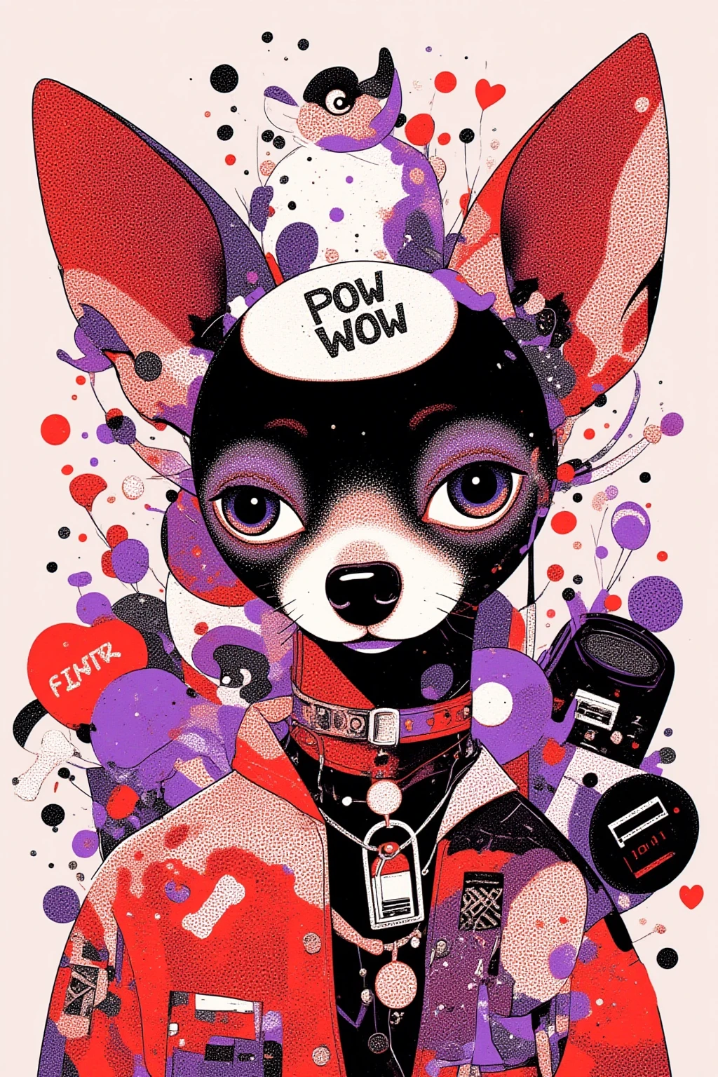   A chihuahua with an adorable face says 「Pow wow 」,black,white, purple ,red, surreal collage,a contemporary artistic collage,collage artwork,  the jacket on the new album  ,  Great Job  !! ,digital collage、(collage ),collage art,contemporary collage,mixed media collage,  surreal +       has high definition  ,  surreal style,  convertible、     calls it the inner world of the autism spectrum,  see here  ,pop collage, pop art , Dog Food ,bone,Lock