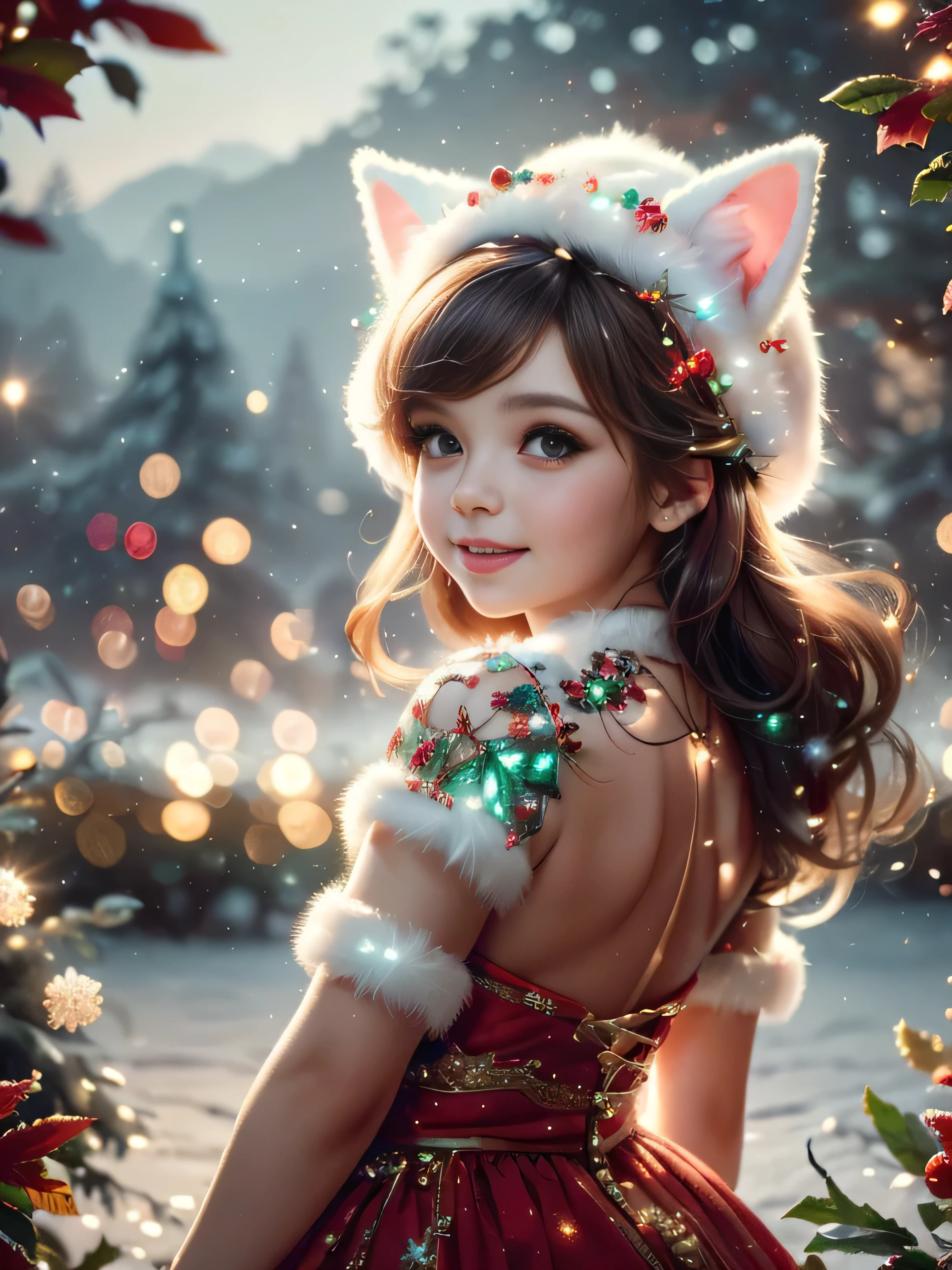 (Best Quality, Super Detail, Masterpiece, Representative Work, Official Art, Professional, Super High Detail, 8k:1.3), (Full Body) Cute girl in fantasy Christmas outfit, face wearing cat ear hat, Beautiful detailed eyes, Beautiful detailed lips, Demonic smile, detailed eyes and face, long eyelashes, Vibrant colors, Red hair, Innocent expressions, Playful features, Intricate Christmas decorations, Glowing garlands, Sparkling ornaments, Natural Lighting, Soft Background, Photorealistic, Shining eyes, Sharp focus, Glowing skin, Cute and mischievous look, Hint of mischief, Dreamy atmosphere, Delicate details, soft volumetric light, (Backlight:1.3), (Cinematic:1.2), Intricate details, (ArtStation:1.3)