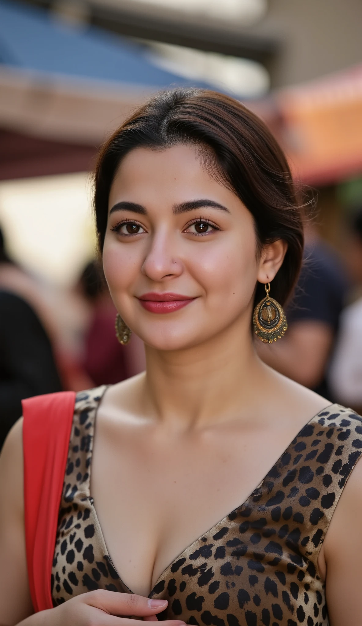 1 girl, alone, solo, busty Pakistani (Hania Amir),(big breasts), Hyperrealism, (smiling with dimples), with intricate details of the iris and lashes,. Her honey-colored eyes contrast with her face, which is accentuated by the red lipstick applied to her slightly parted lips. The overall artwork exudes an air of mystery and charm.detailed and brilliant golden eye with surprising results, in local market, hourly glass figure, crowded bazaar, (Pakistani cheetah print shiny satin plain bridal wear:1.3) tight traditional cheetah wedding silk dress, natural breasts, (skin hugging Pakistani shiny cheetah bridal top), milky skin, (round deep neck dress), pale skin, (plain shirt:1.4), soft shadows ,(dimples:1.3) SkinDetail ,snap by greg rutkowski, ()