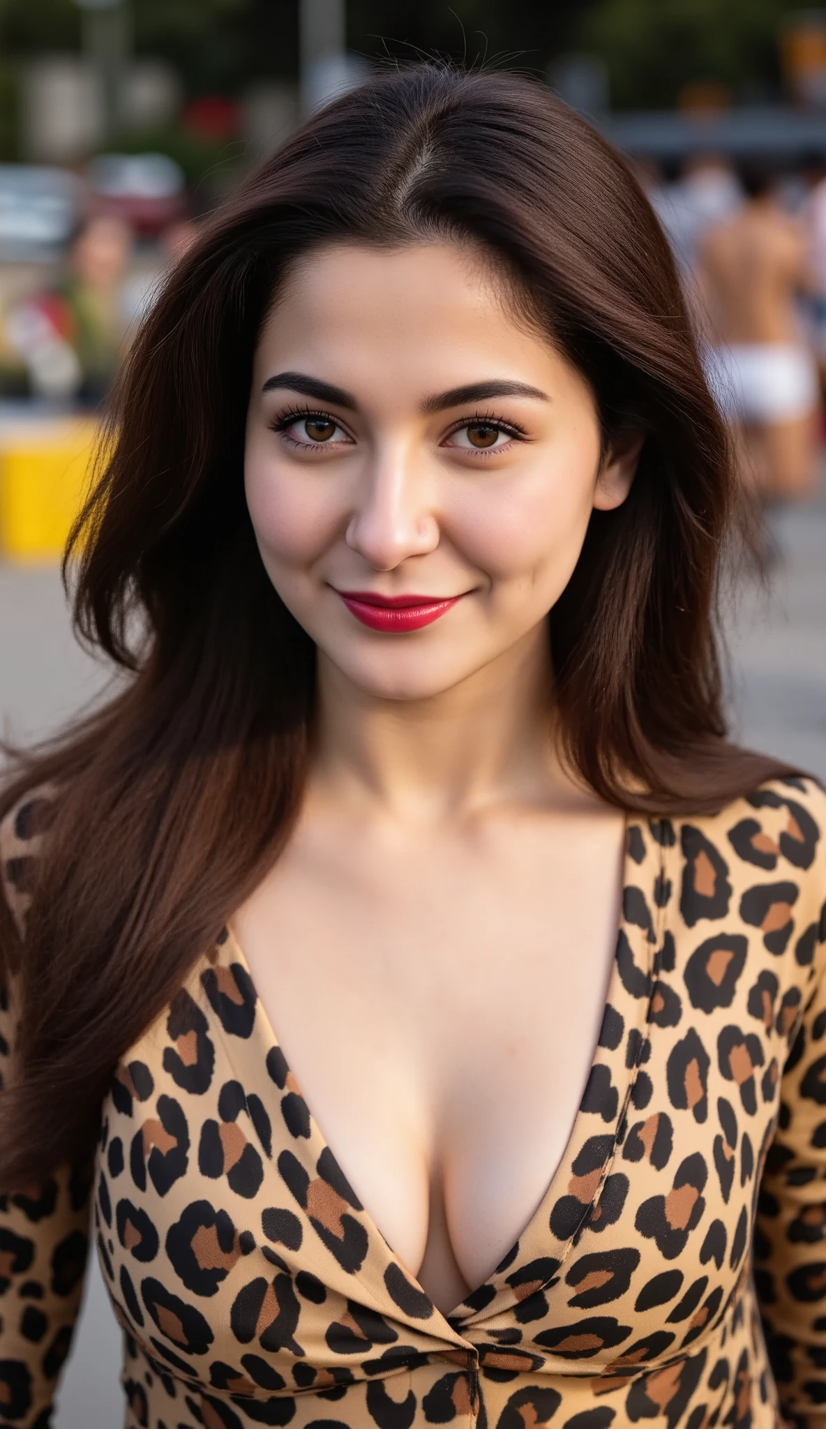 1 girl, alone, solo, busty Pakistani (Hania Amir),(big breasts), Hyperrealism, (smiling with dimples), with intricate details of the iris and lashes,. Her honey-colored eyes contrast with her face, which is accentuated by the red lipstick applied to her slightly parted lips. The overall artwork exudes an air of mystery and charm.detailed and brilliant golden eye with surprising results, in local market, hourly glass figure, crowded bazaar, (Pakistani cheetah print shiny satin plain bridal wear:1.3) tight traditional cheetah wedding silk dress, natural breasts, (skin hugging Pakistani shiny cheetah bridal top), milky skin, (round deep neck dress), pale skin, (plain shirt:1.4), soft shadows ,(dimples:1.3) SkinDetail ,snap by greg rutkowski, ()