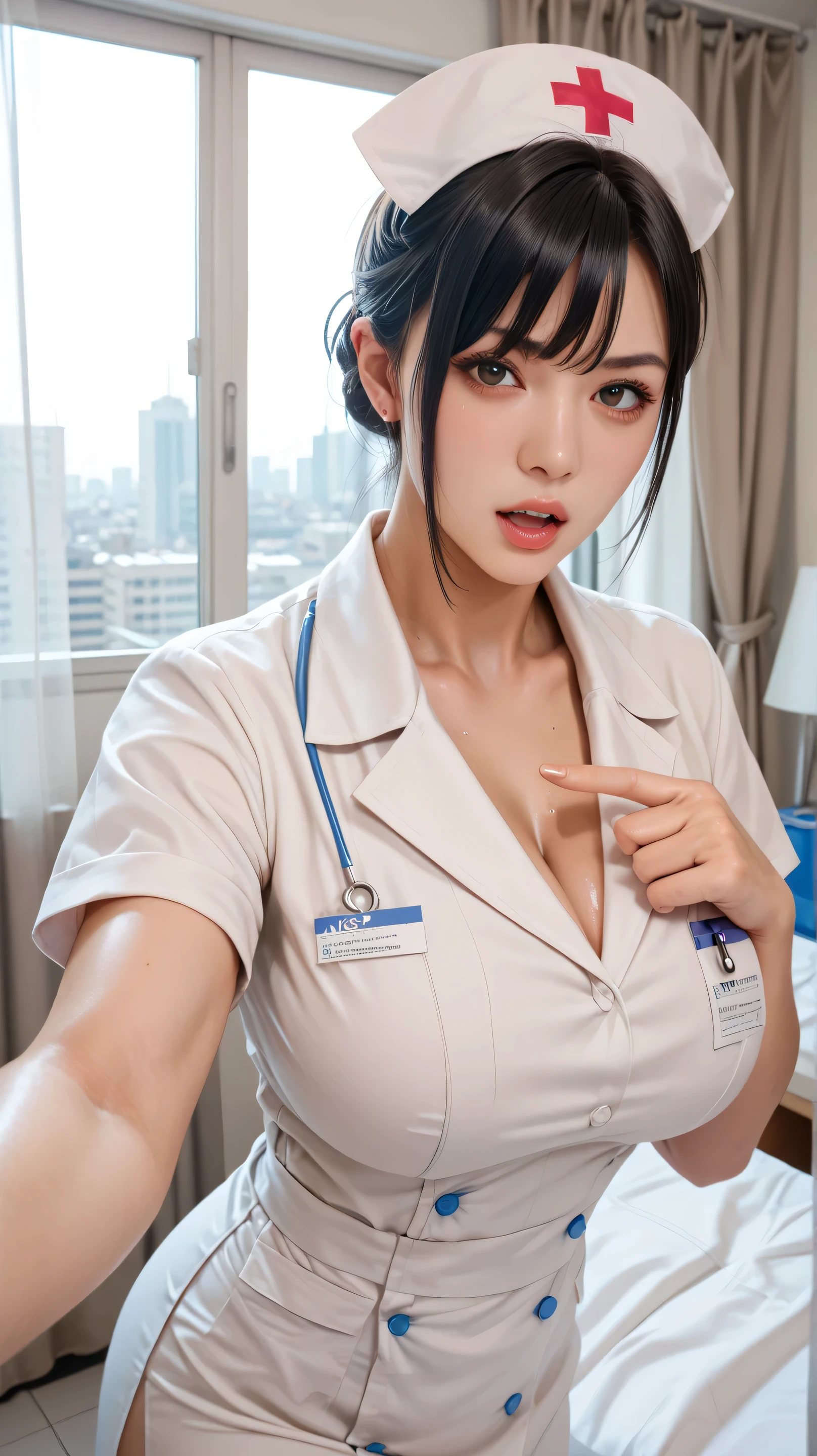 8K quality、High resolution、One nurse、Man sleeping in hospital room、A man erects his penis、Realistic skin texture、Women love men&#39;s genitals、High resolutionの肌、A woman licking a man&#39;s genitals with her tongue、Princess Hair、thin、Small and young breasts、Open the mouth to reveal a realistic tongue、Beautiful cleavage、Gray Hair、blue eyes、thin脚、French Braid、、Full Body Shot、Wetting、Tearing clothes