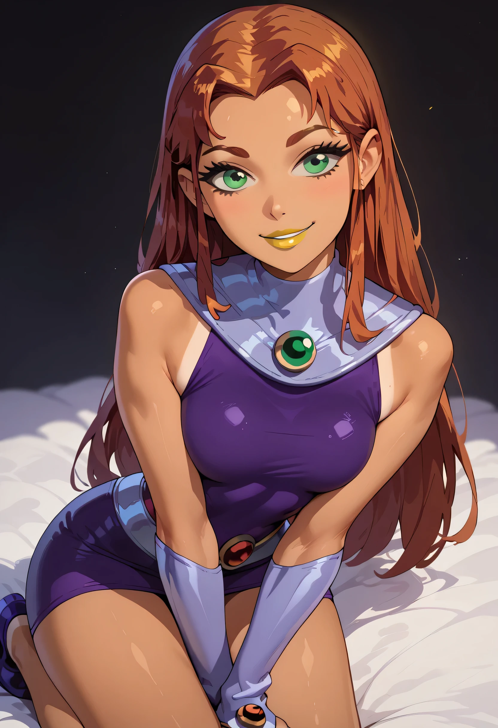 anime style, tan skin, orange skin, looking at viewer,  titans, redhead, , smile, light yellow lipstick, long hair, purple outfit, yellow lips, green eyes