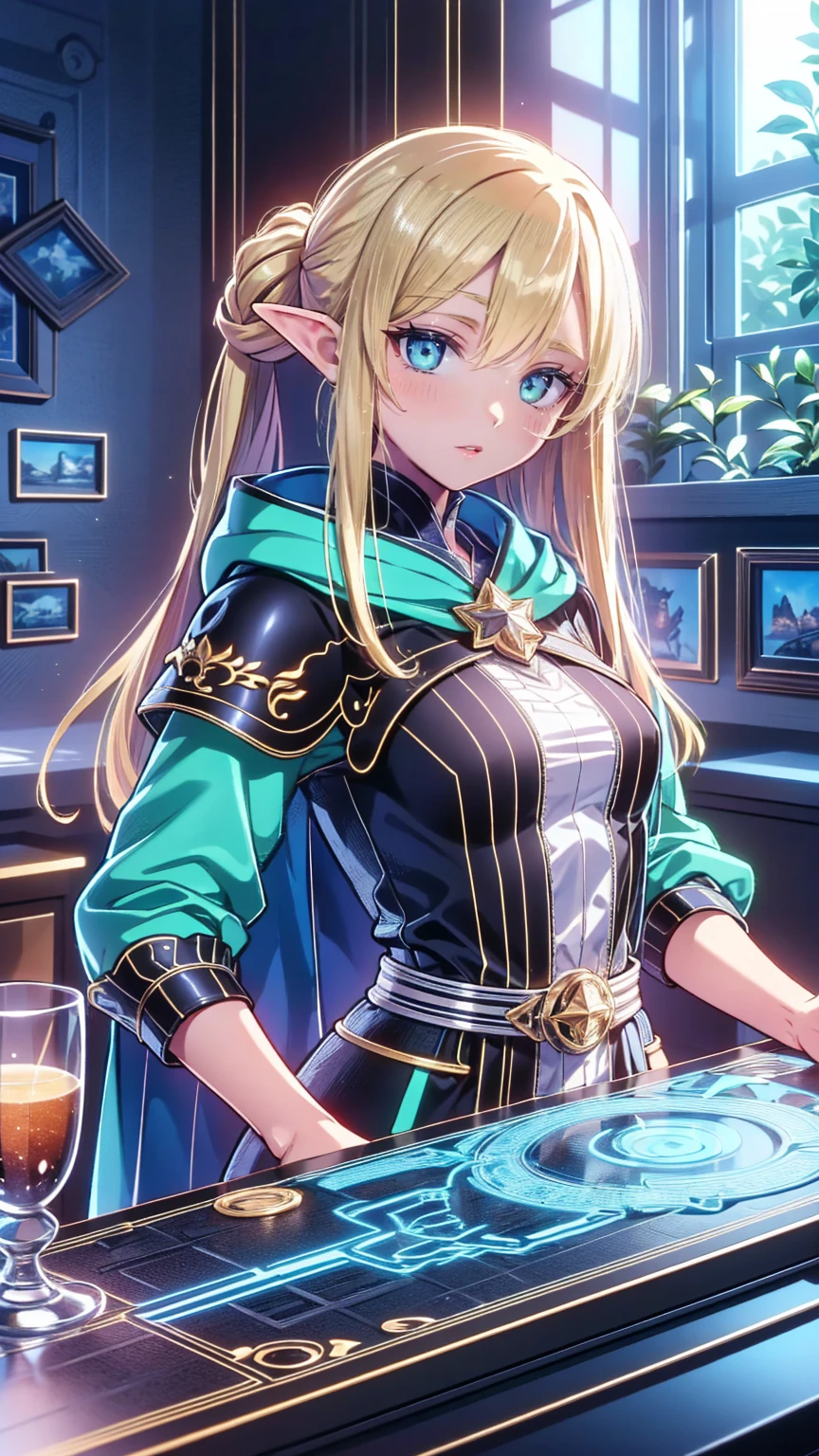  1 girl,  video game character ,  high definition,  beautiful face,  Elegant Dress ,  long blond hair ,  blue eyes,  Detailed Jewels ,  crowns,  Fantasy Medieval Stage , In the city, Splendid architecture,  sunlight shining through a window , Magical Energy Aura  , Dramatic lighting,  Cinematic Composition, Mysterious, Breathtaking,  masterpieces during breakfast 、(( top quality)),(超 high definition ),( very detailed),( detailed description ),(( best CG )),(  masterpieces during breakfast ), Ultra Detailed Art 、( top quality、8k、32K、  masterpieces during breakfast )、( realistic )、( realistic :1.2)、( high definition )、 very detailed、 very pretty face and eyes 、 1 Woman 、 Thin Waist、Delicate body、( top quality、 attention to detail in order to breathe、 rich skin texture )、( top quality、8k、Oil paints:1.2)、 very detailed、( realistic 、 realistic :1.37)、 bright color、 elf woman 、 has a history of 150 years but looks 18 years old 、Cool Look、((Blonde long hair、 hair tied at the back ))、(Big jade green eyes、 slit eye 、 holding a star )、: 165cm、Variable body shape、Green and brown lightweight leather armor、hooded cloak、 has a longbow and quiver on his back、 Fantasy Worldview 、 Precision Description 、 Photorealistic、4k Texture
