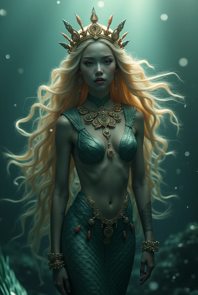 Sea goddess - Chinese mermaid with dark gray skin and long golden hair, complex detailed facial features, porcelain skin, bright eyes, full lips, A slim body, fish tail made from red rose buds. She swims in the depths of the mystical ocean.. Her long hair sways dynamically in the ocean.. He has a crown on his head., bracelets on hands, and a massive necklace with precious stones and shells on the neck. Rosebud Tail. Sunlight breaks through the ocean. The goddess shines..  dramatic lighting, dramatic fantasy scene, dark gloomy atmosphere, detailed textures, very detailed, 8 K, cinematic, award winning work of art, digital painting, conceptual art, photorealistic, detailed eyes. Resolution 16k,Nikon Z9, digital photography, ultra textured leather, Realistic photography, cinematic effect, soft light, soft shadows, high quality volumetric lighting
