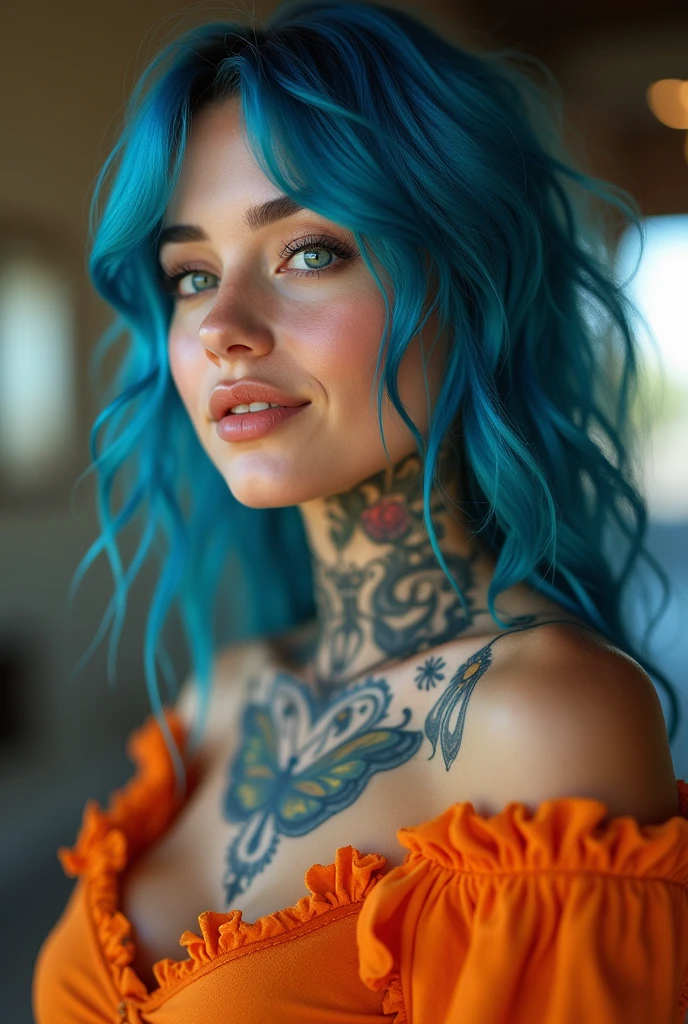 Interior selfie of a woman with blue hair tattoo nude, shot on a low camera quality phone