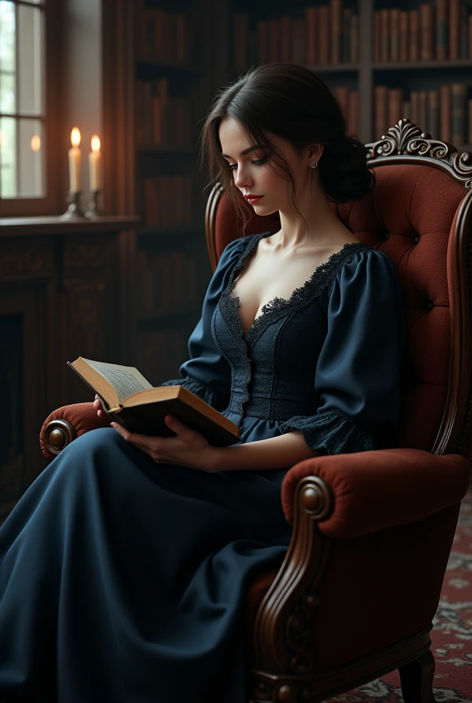 A beautiful girl 22 years old with zero figure and white skin wearing red dress and sitting on chair and reading a book realistic image