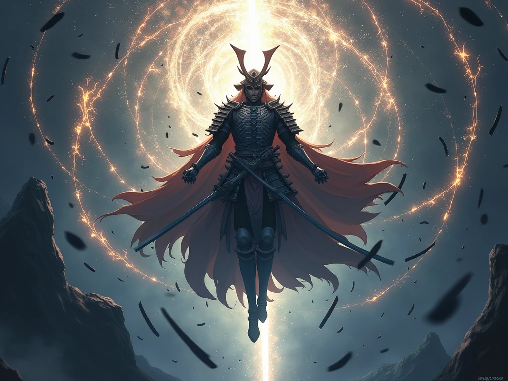 a sword god, floating, with thousands of swords floating alongside him, visible aura, anime, armor, samurai, face covered in a helmet, energy swords, dark coloring 