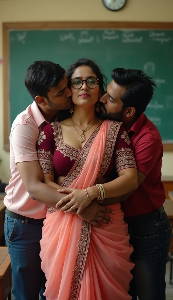 A 25 year old beautiful plus sized South Indian cream colour chiffon saree and black colour chiffon blouse wearing teacher kissing a 18 year old man in class room, a group of boys cheering next to them