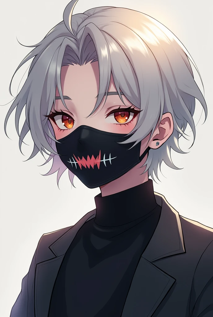 dark theme, eem, looking at viewer, short hair, simple background, 1boy, upper body, white hair, male focus, necklace, black eyes, chain, eyepatch, spiked hair, black background, portrait, spikes, black sclera, spiked collar, black mask, 