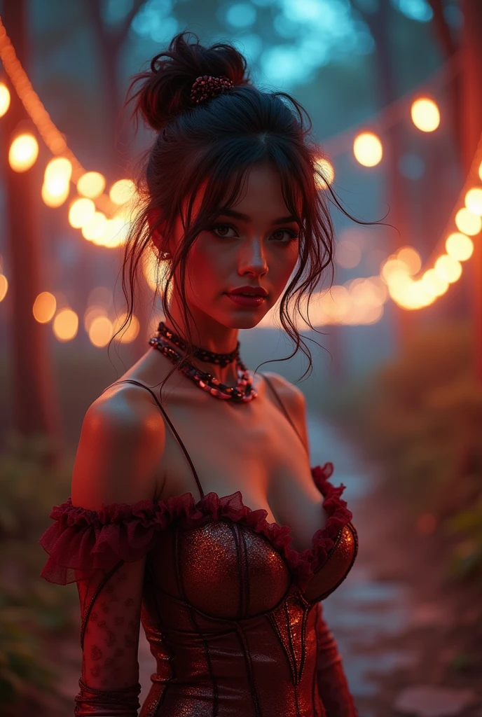 (8K, High Quality, High Details, UHD, Porcelain Skin, Masterpiece: 1.2), Beautiful Fantasy Art, Magical Fantasy World, Cute and Sexy Teen, Dark Skin, Body Model, Ultra Detailed big Breasts, Skimpy and Sexy Clothes,Mini Skirt, Pencil Skirt, Detailed Beautiful Eyes, Long Eyelashes, Detailed Nose and Lips, (Teen Pose Is Provocative, Sexy, Erotic and Seductive), Dramatic Lighting, Vibrant Colors, Fantasy Landscape, Brilliant Magical Aura