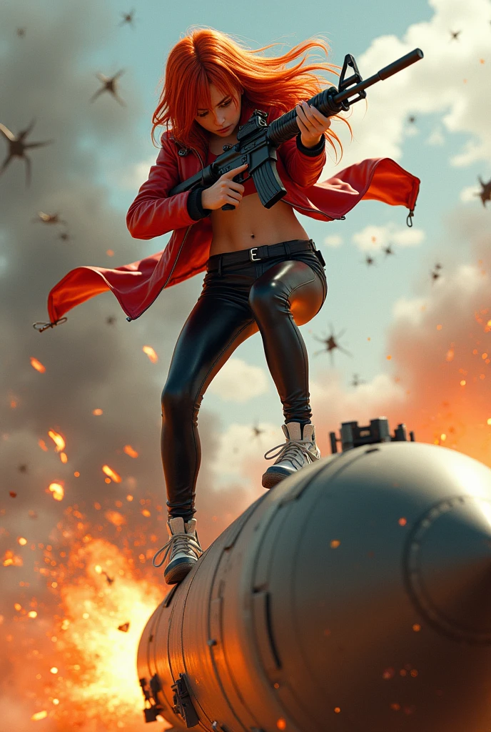 girl in the middle of explosions, BREAK, 1girl, (windswept floating hair:1.2), looking at viewer, (explosion:1.2), fire particles, navel, crop top hoodie, glowing fire, best quality, (realism:1.4), cinematic, (erotic expression:1.2), lusterous satin texture, super sentai heroine, dust, debris, (running pose:1.4), (sweat, shiny skin:1.2), (gigantic breasts), (13yo, cute:1.3),