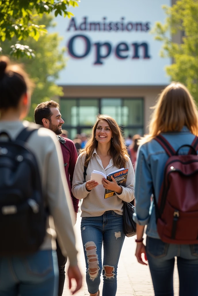 "A vibrant and welcoming university campus with students holding admission brochures. Include a banner in the background with 'Admissions Open' in bold, eye-catching text. The scene should feel inviting and optimistic about future students.