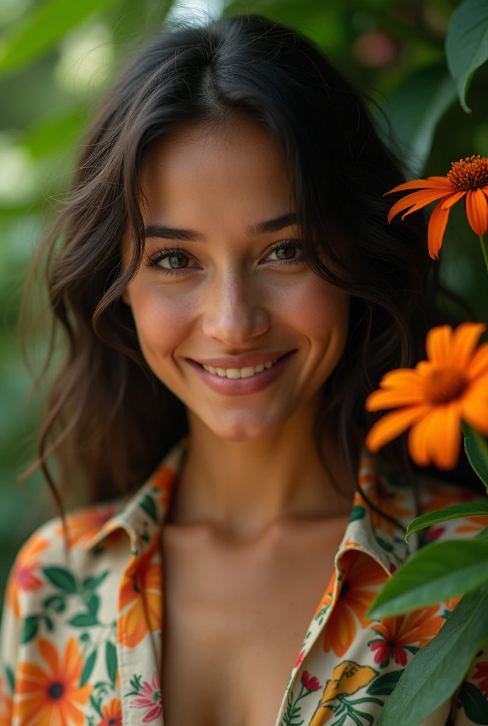 A Brazilian woman in a lush tropical garden, wearing an open shirt with a floral print, with a close-up capturing the harmonious beauty between her breasts and the natural flowers, showing off your natural charm and outgoing personality.