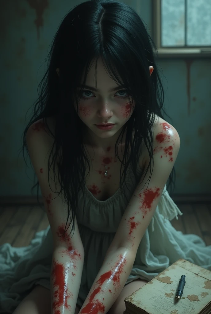 dead girl climbing out of a hole in the ground with bloodied body, 19 years old, wide sad eyes, black hair, whitish eyes, expression of pain, bloody puddle, bloody dress, filthy torn dress, filthy dark basement full of garbage, darkness, fog, mist, creepy, UHD, high details, best quality, highres, 8k