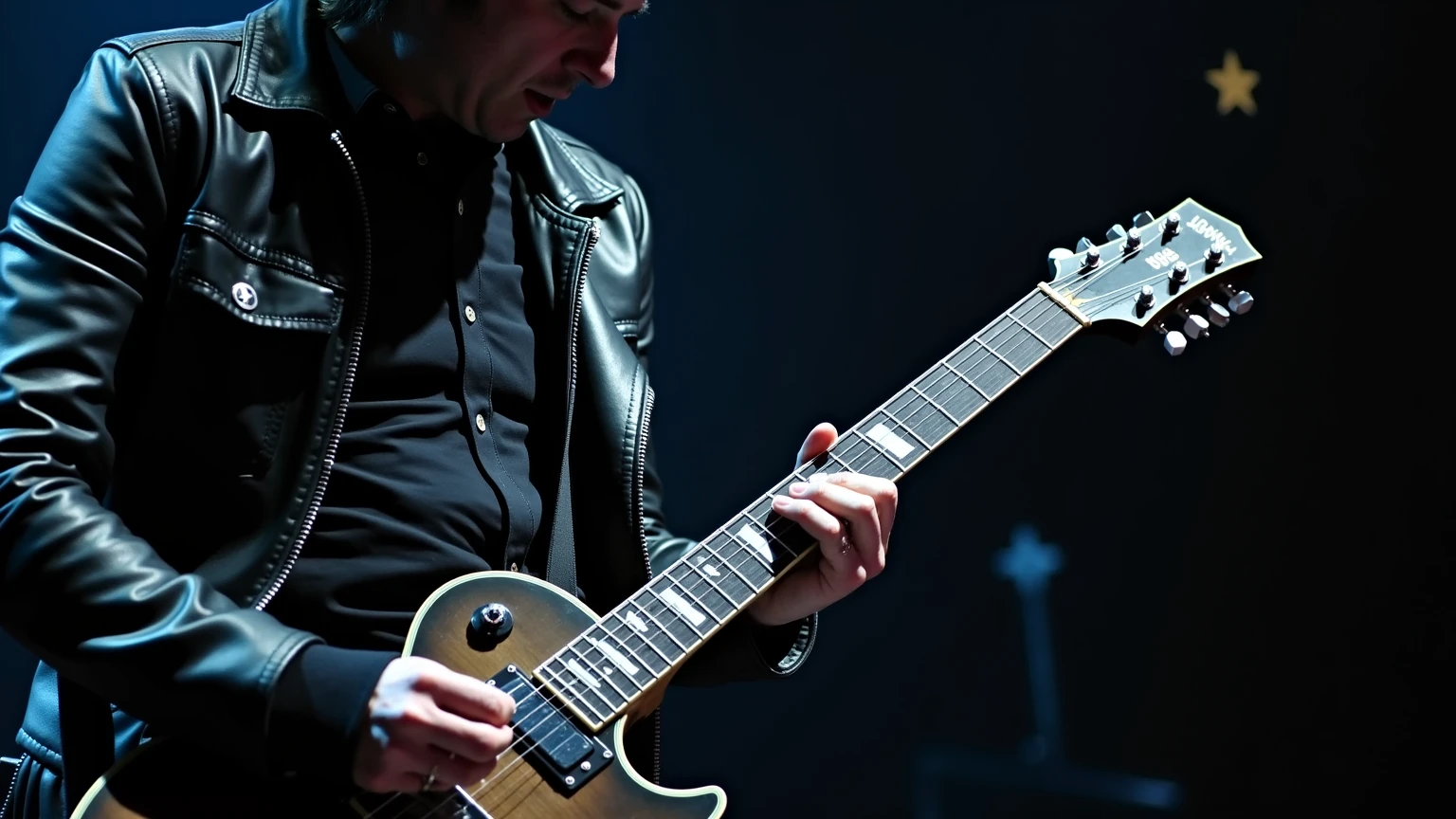 A rock band plays on stage, close-up of a solo guitarist's guitar neck
