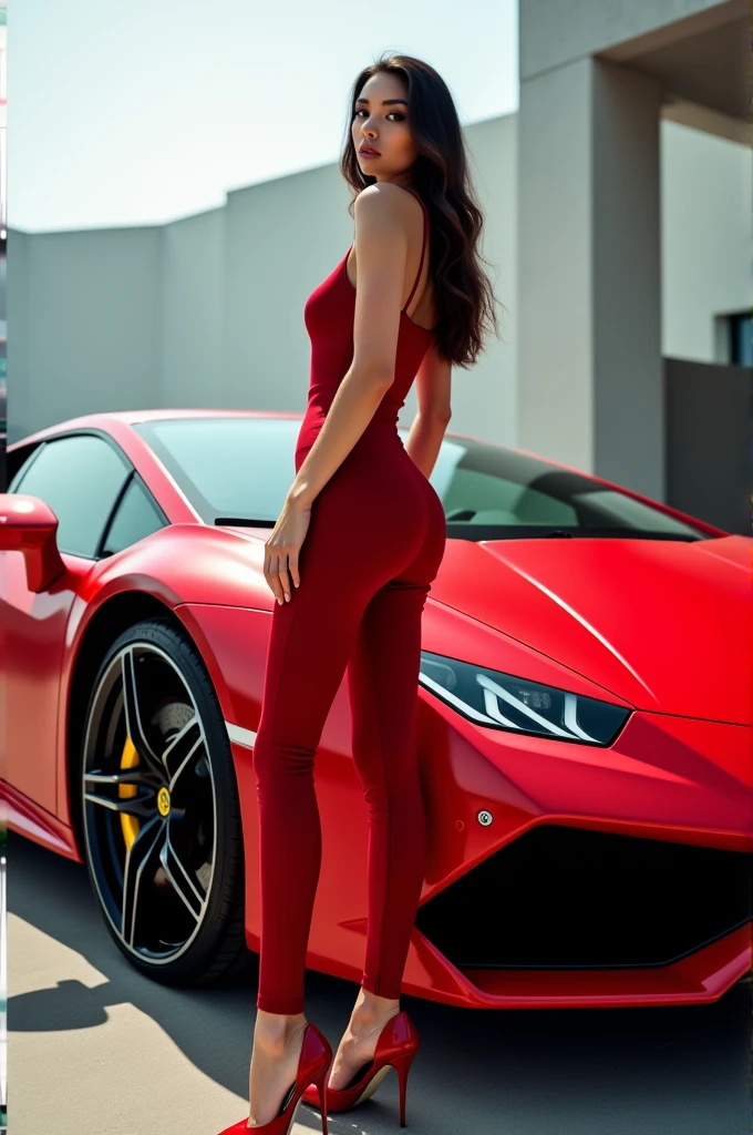 Realistic portrait of a 20 year old girl dressed as a schoolgirl, who has his back to the camera showing his cute butt, while looking at the camera with an expression of desire, lujuria y felicidad en su rostro, in front of a red Ferrari car