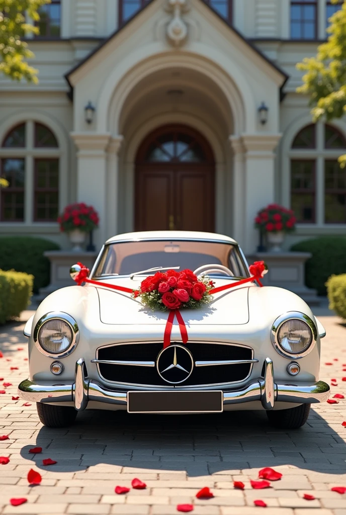 Belle voiture réaliste blanche de mariage avec décoration rouge devant la mairie