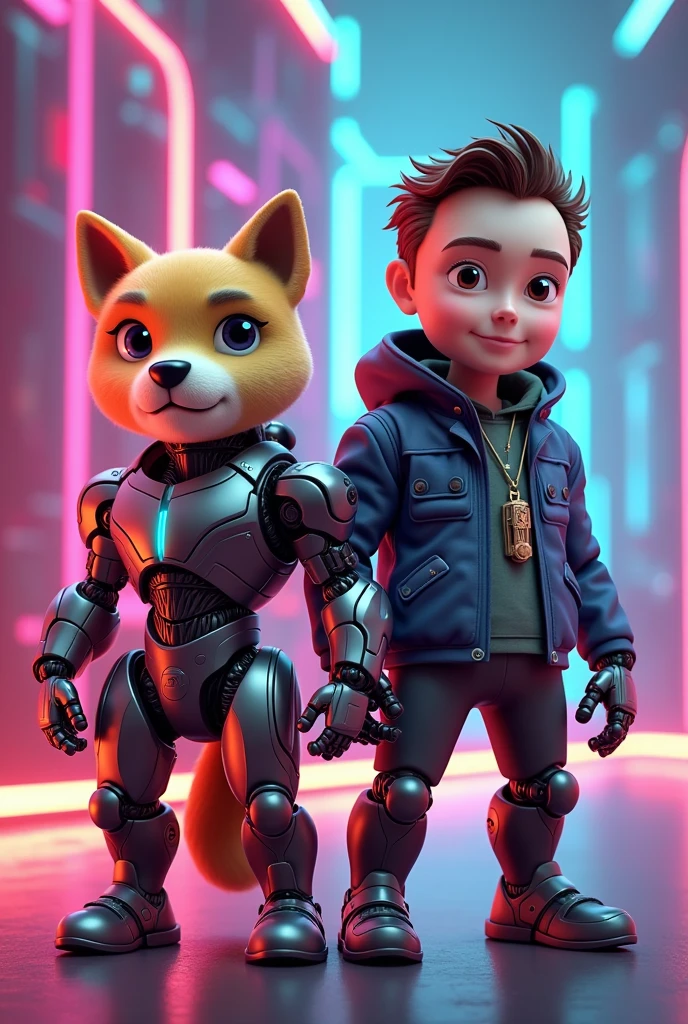 Generate a boy "pupol" with her friend wolf "kupa" cybord body.
With clear and not hidden print "GLEN"
make more realistic 
