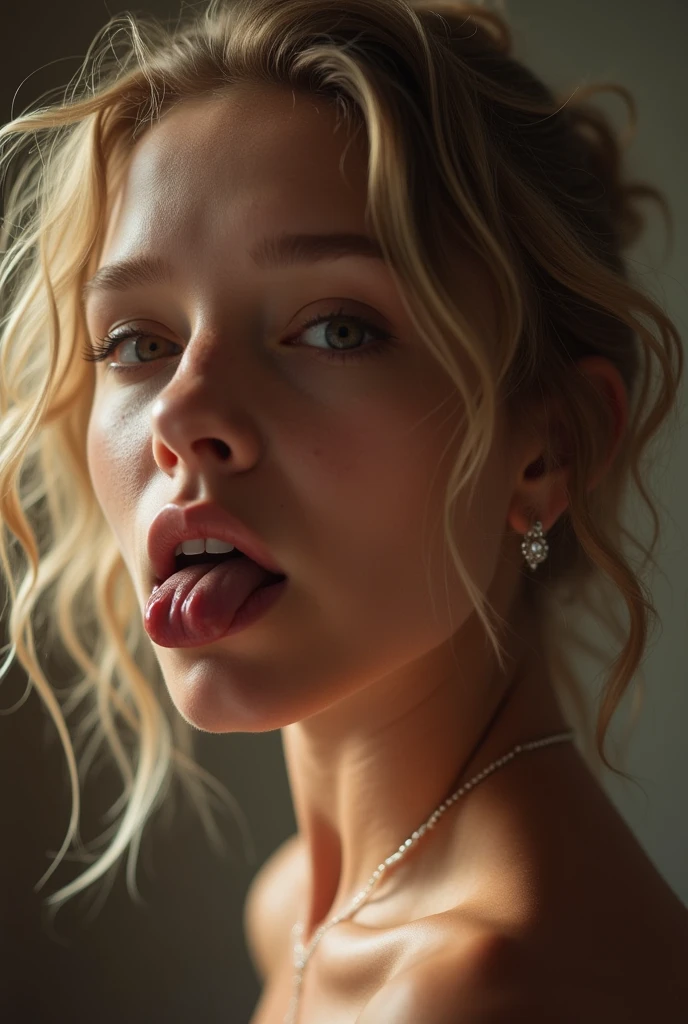 (best quality, 8k, highres, photorealistic:2.0), (solo, one girl:2.0),(lighting: front),(lighting: strong),(Russian Beauty:2.0),(shiny skin:1.5),(oily skin:1.5),(platinum blonde hair:1.5),Blush brown makeup , dark eye makeup , use pink glossy lipstick,(big eyes girl),(emphasize cleavage),(shoulder strapless tiny micro bikini top),((big breasts)),(girl screaming loudly:1.2),(Drooling and sucking gesture:1.5),(fist under chin:1.5),(drool),(look at the viewer:1.6)