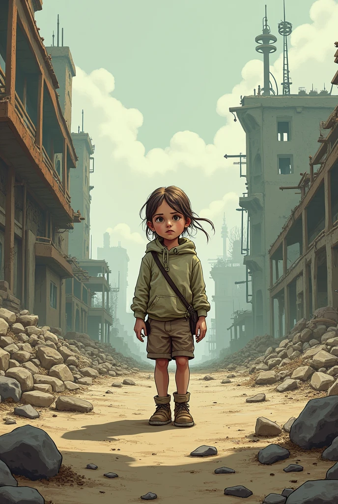 cinematic still, filmed by Guillermo del Toro, close-up shot of a small girl sat in the ruins of a destroyed city. By her side is a battle scarred warrior android epic, awesome